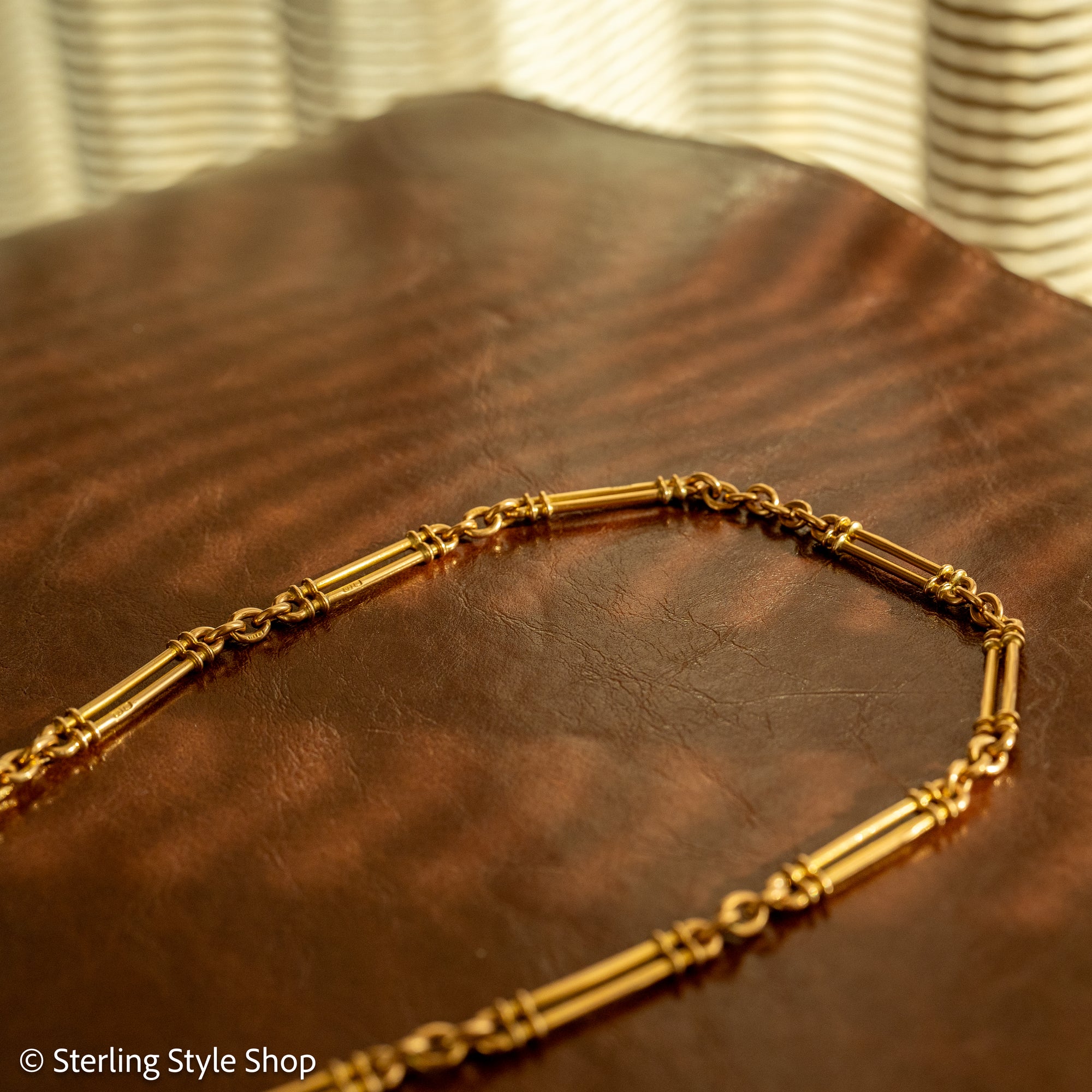 Antique 18k gold trombone link chain, Edwardian Chester 1914 hallmarked, Albert Watch Chain, 51.3g