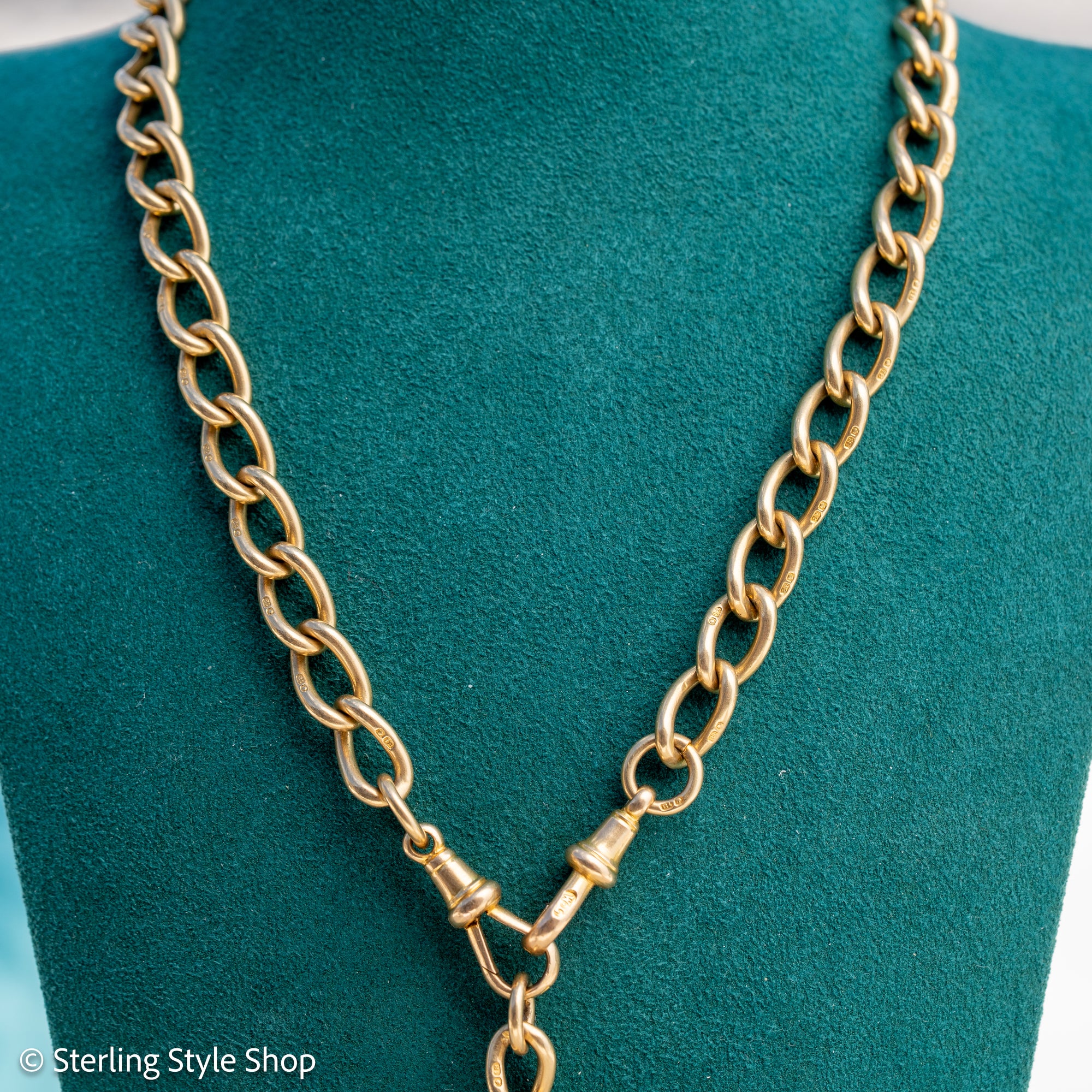 Antique 18K Gold Albert Watch Chain Necklace Birmingham 1913 T-Bar Dog Clasps