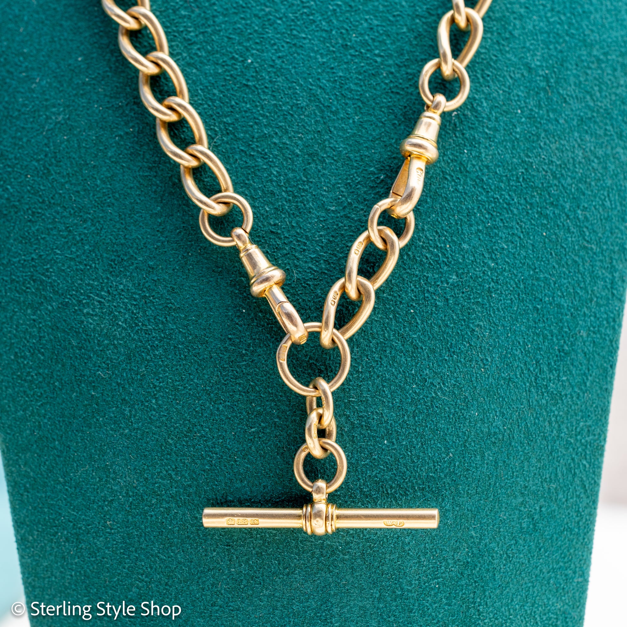 Antique 18K Gold Albert Watch Chain Necklace Birmingham 1913 T-Bar Dog Clasps