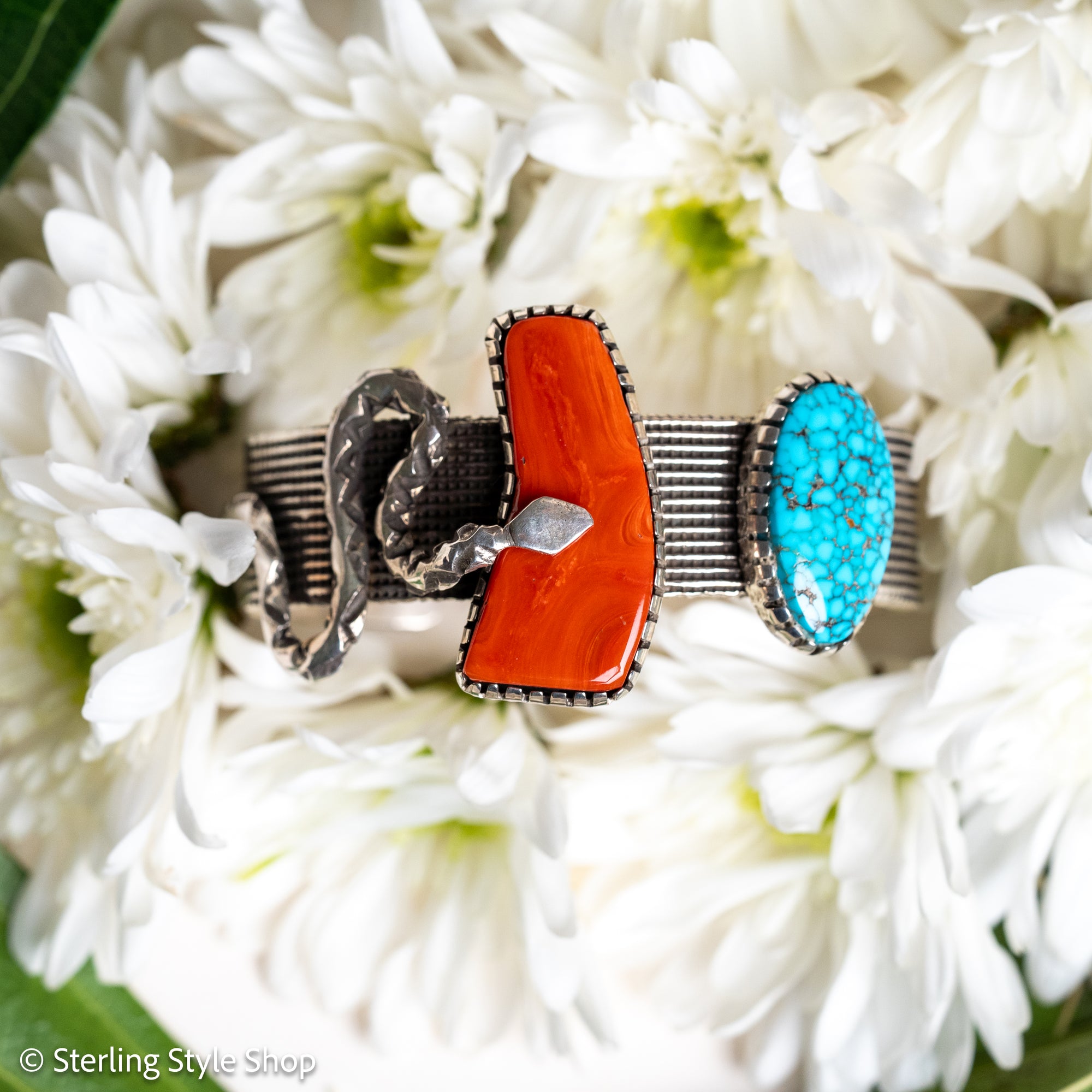One-of-a-Kind Alvin Yellowhorse Diamondback Rattlesnake Cuff with Hand-Cut Lone Mountain Turquoise &amp; Red Coral