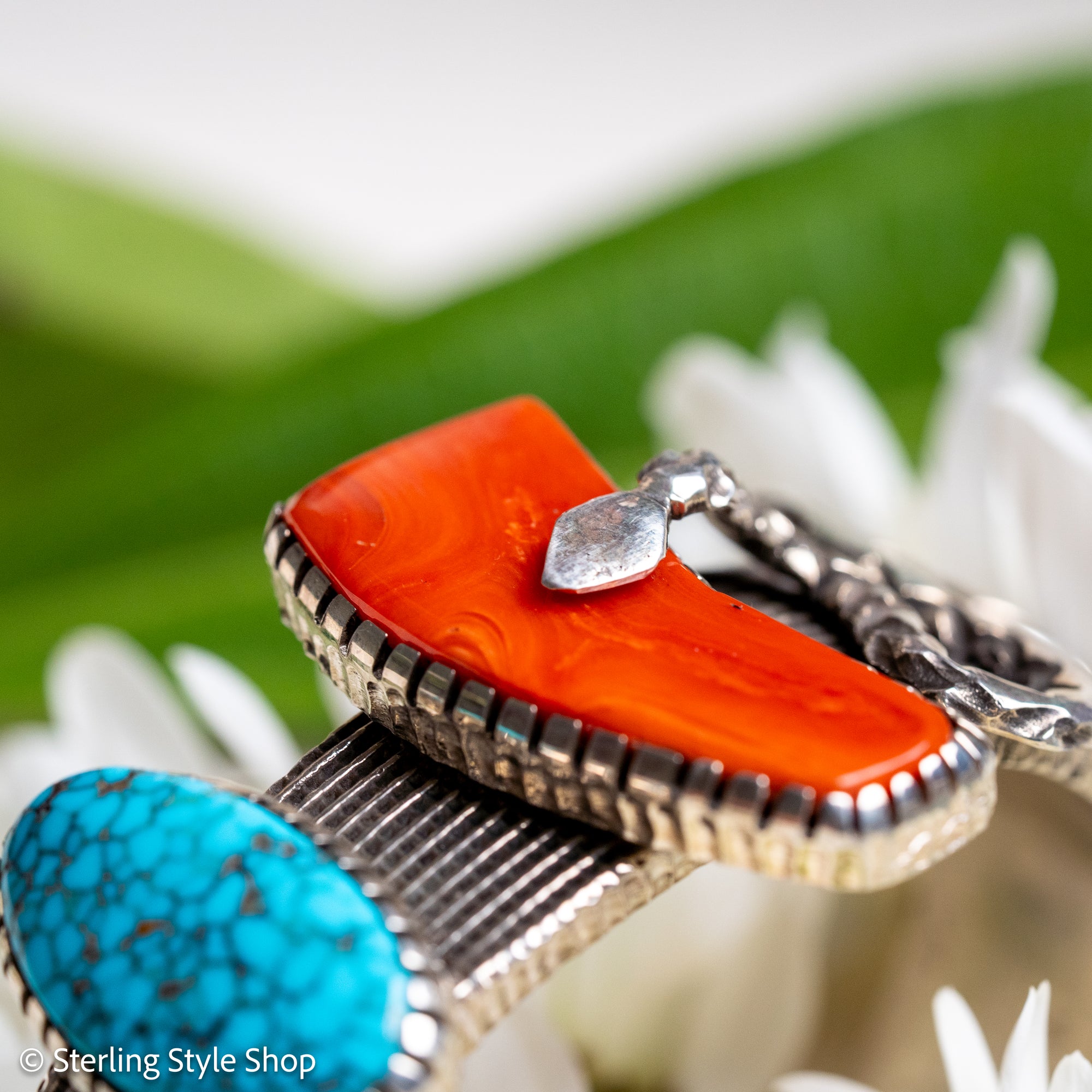 One-of-a-Kind Alvin Yellowhorse Diamondback Rattlesnake Cuff with Hand-Cut Lone Mountain Turquoise &amp; Red Coral