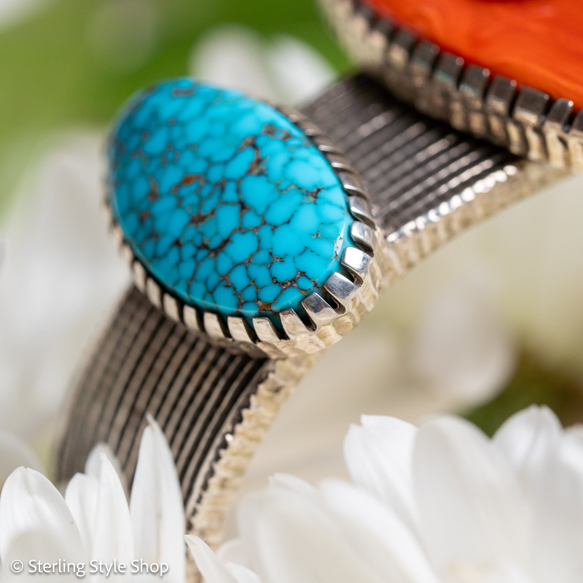 One-of-a-Kind Alvin Yellowhorse Diamondback Rattlesnake Cuff with Hand-Cut Lone Mountain Turquoise &amp; Red Coral