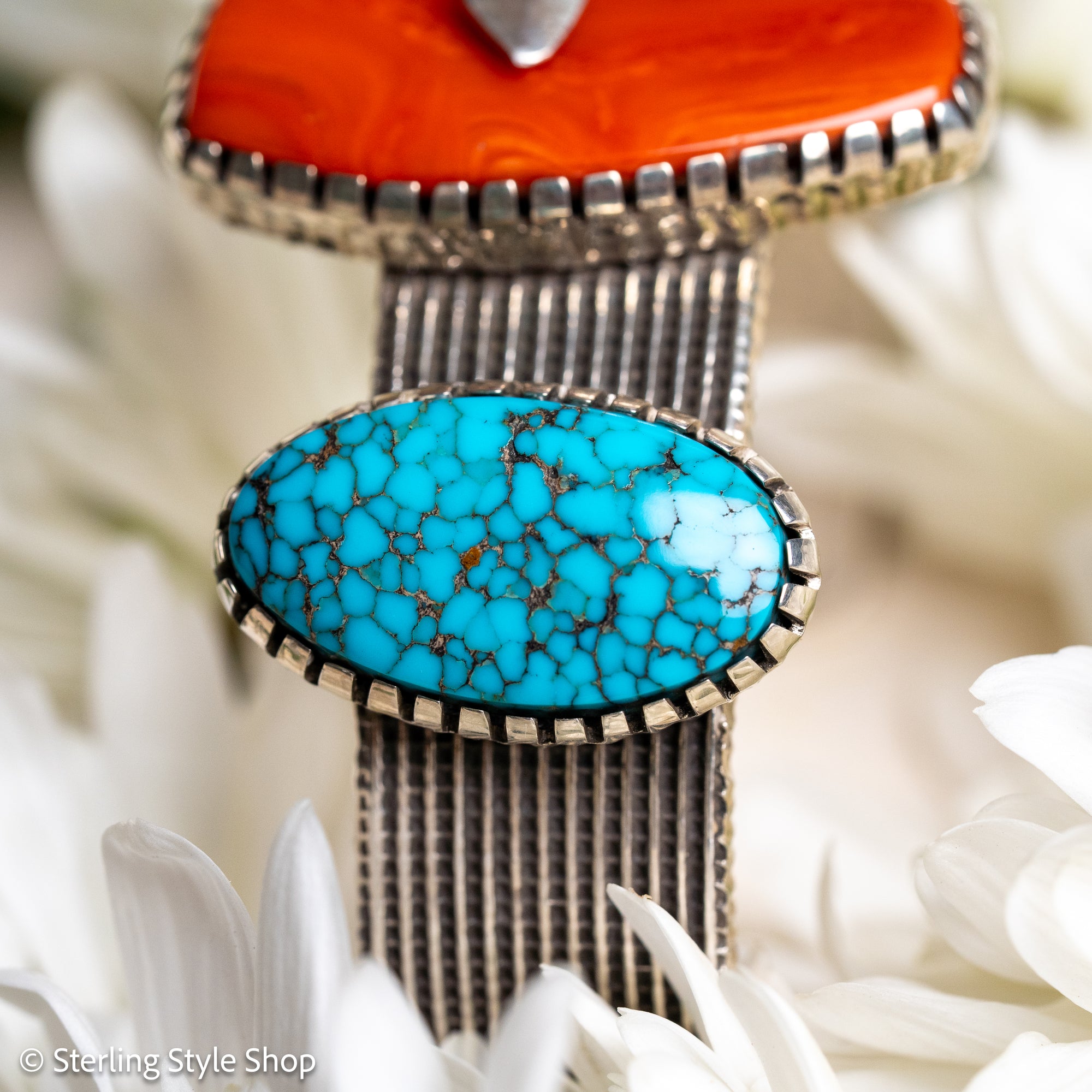 One-of-a-Kind Alvin Yellowhorse Diamondback Rattlesnake Cuff with Hand-Cut Lone Mountain Turquoise &amp; Red Coral