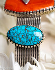 One-of-a-Kind Alvin Yellowhorse Diamondback Rattlesnake Cuff with Hand-Cut Lone Mountain Turquoise & Red Coral