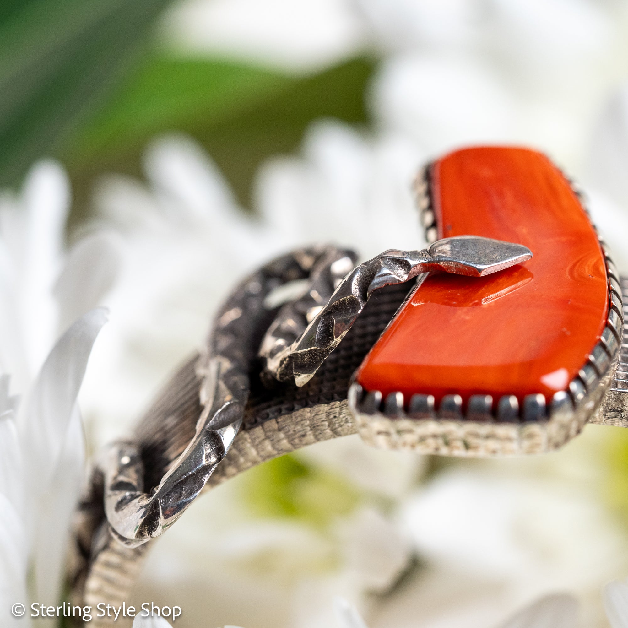 One-of-a-Kind Alvin Yellowhorse Diamondback Rattlesnake Cuff with Hand-Cut Lone Mountain Turquoise &amp; Red Coral
