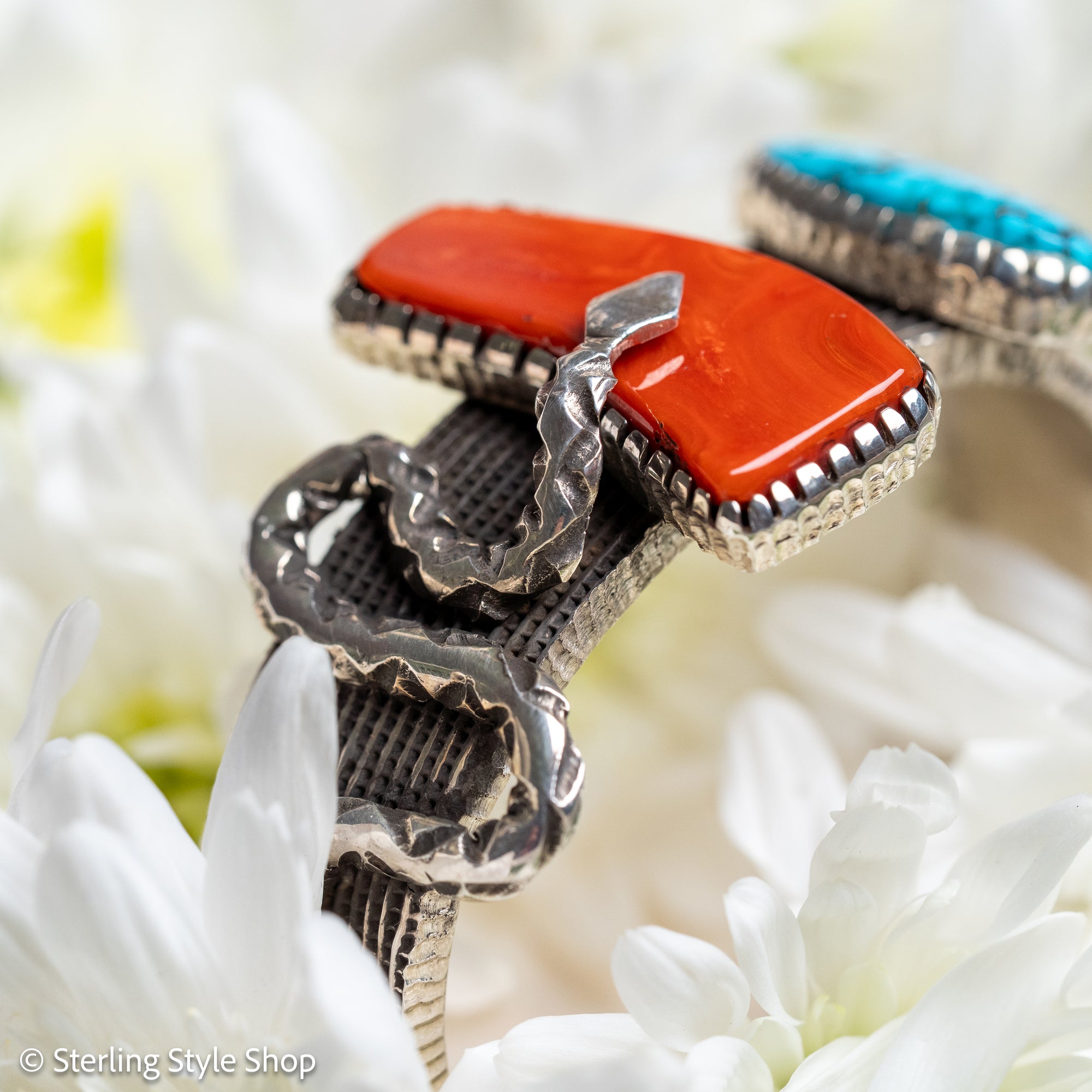 One-of-a-Kind Alvin Yellowhorse Diamondback Rattlesnake Cuff with Hand-Cut Lone Mountain Turquoise &amp; Red Coral