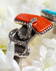 One-of-a-Kind Alvin Yellowhorse Diamondback Rattlesnake Cuff with Hand-Cut Lone Mountain Turquoise & Red Coral