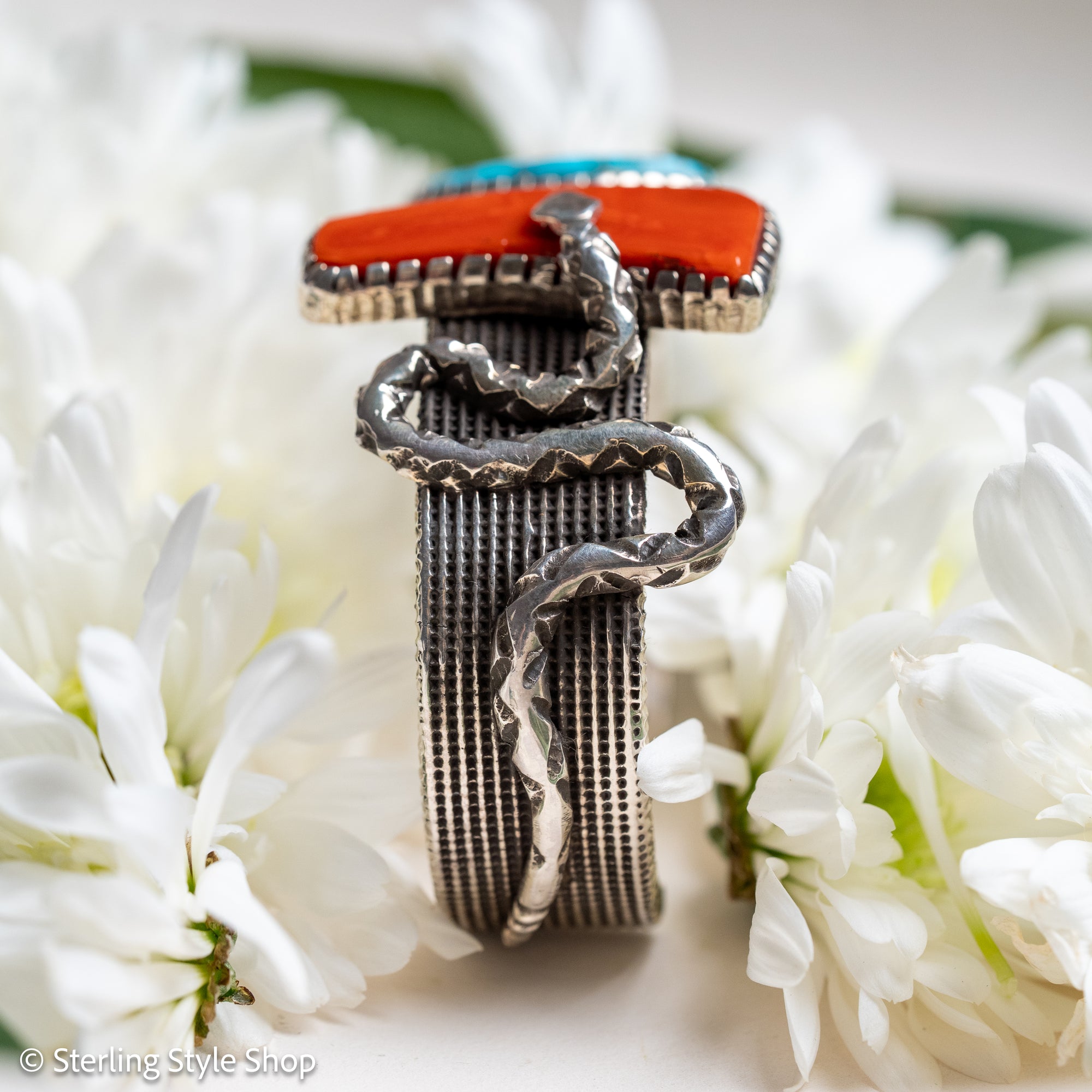 One-of-a-Kind Alvin Yellowhorse Diamondback Rattlesnake Cuff with Hand-Cut Lone Mountain Turquoise &amp; Red Coral