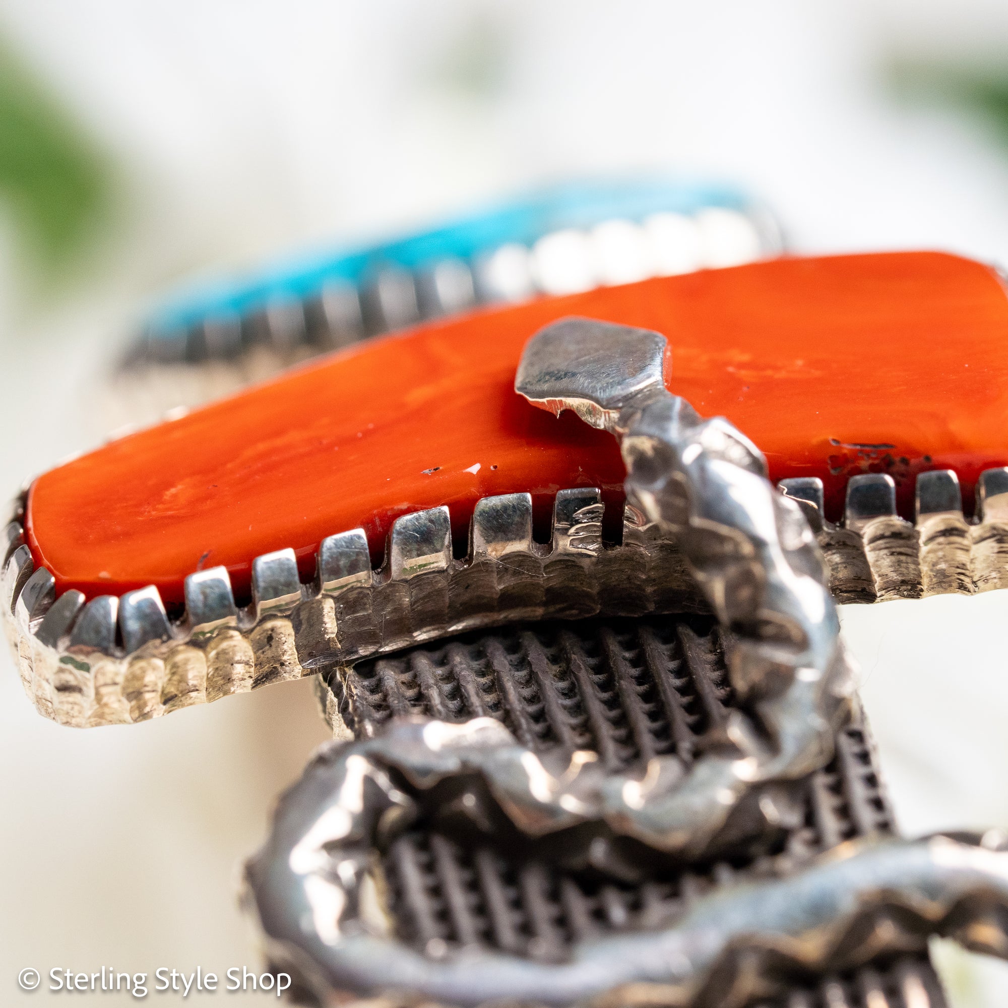 One-of-a-Kind Alvin Yellowhorse Diamondback Rattlesnake Cuff with Hand-Cut Lone Mountain Turquoise &amp; Red Coral