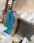 One-of-a-Kind Alvin Yellowhorse Diamondback Rattlesnake Cuff with Hand-Cut Lone Mountain Turquoise & Red Coral