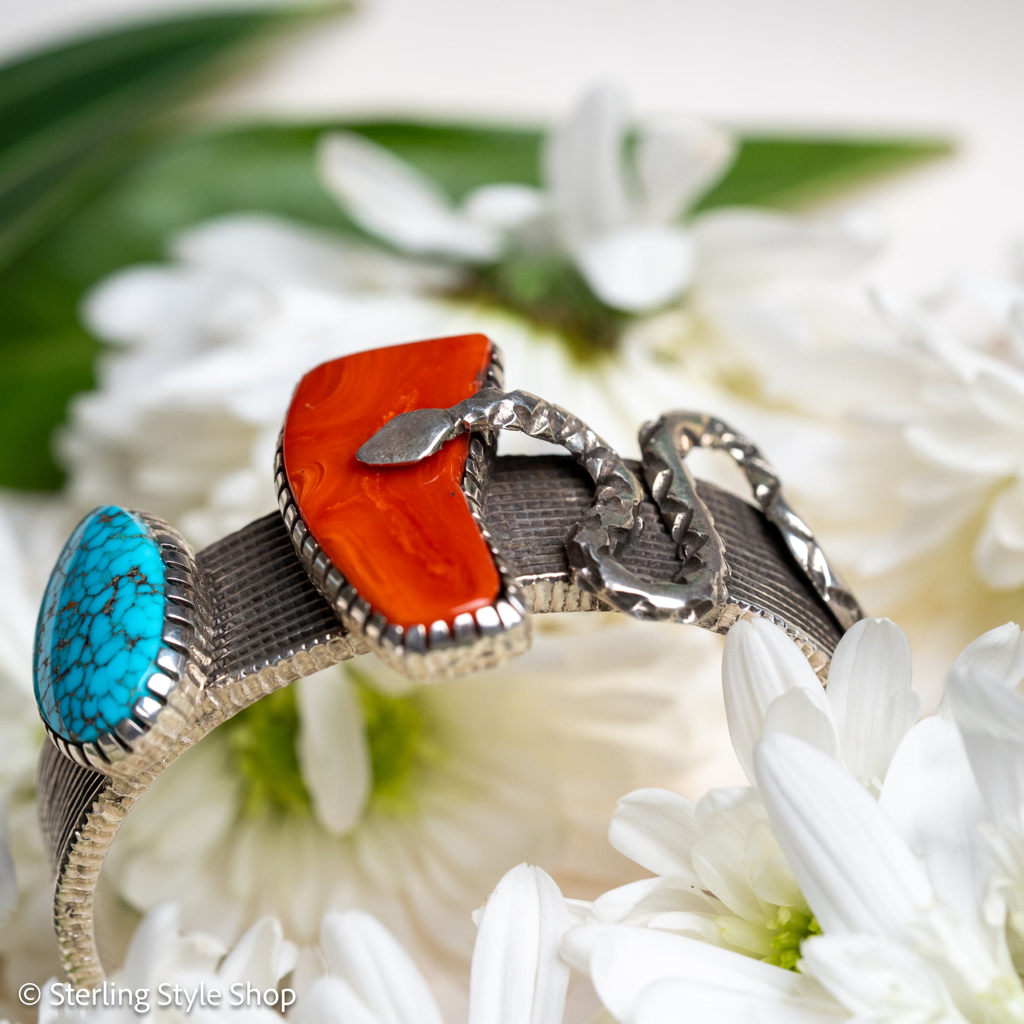 One-of-a-Kind Alvin Yellowhorse Diamondback Rattlesnake Cuff with Hand-Cut Lone Mountain Turquoise &amp; Red Coral