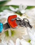 One-of-a-Kind Alvin Yellowhorse Diamondback Rattlesnake Cuff with Hand-Cut Lone Mountain Turquoise & Red Coral