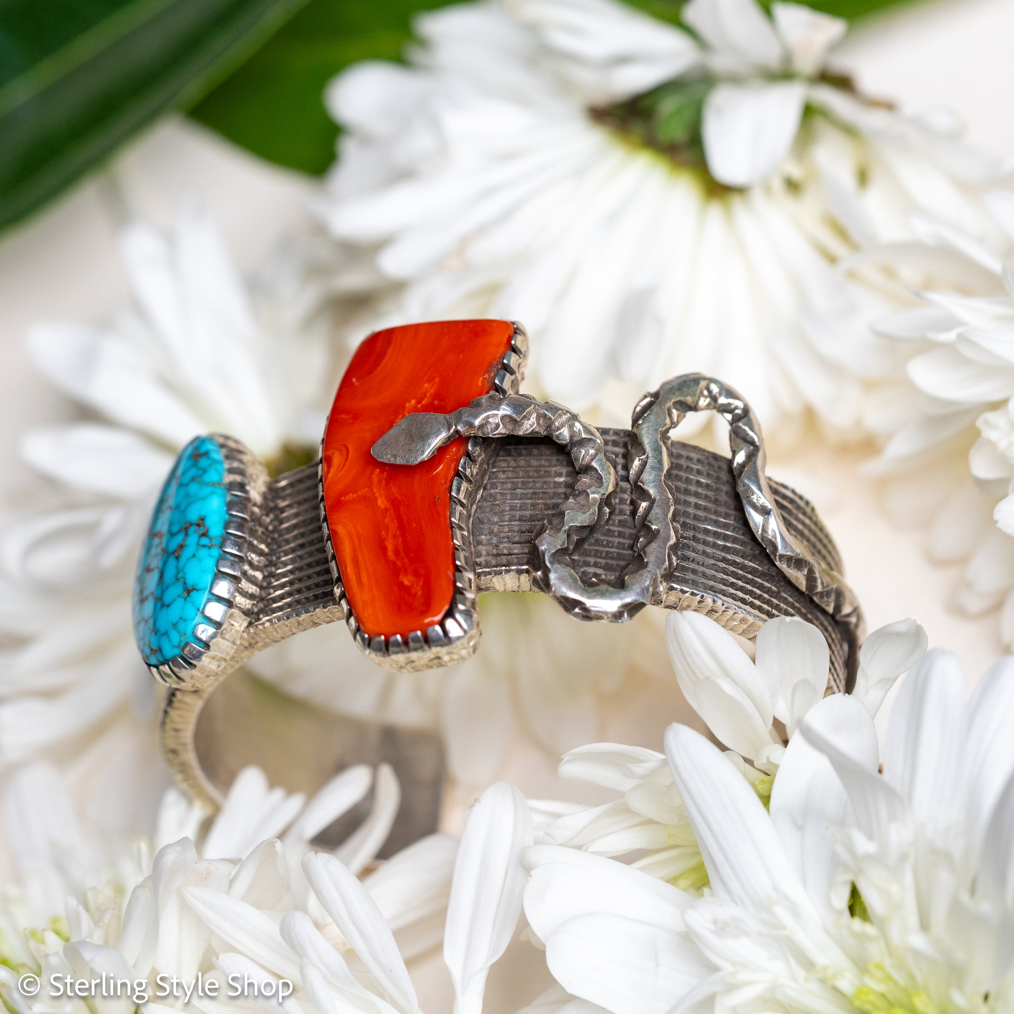 One-of-a-Kind Alvin Yellowhorse Diamondback Rattlesnake Cuff with Hand-Cut Lone Mountain Turquoise &amp; Red Coral