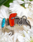 One-of-a-Kind Alvin Yellowhorse Diamondback Rattlesnake Cuff with Hand-Cut Lone Mountain Turquoise & Red Coral