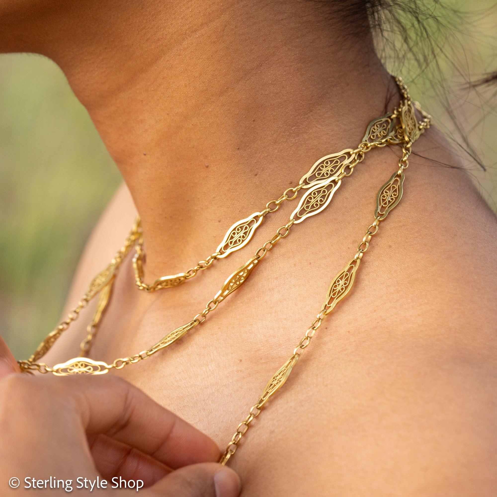 Antique French 18K Gold Long Filigree Chain Necklace 50 Inch
