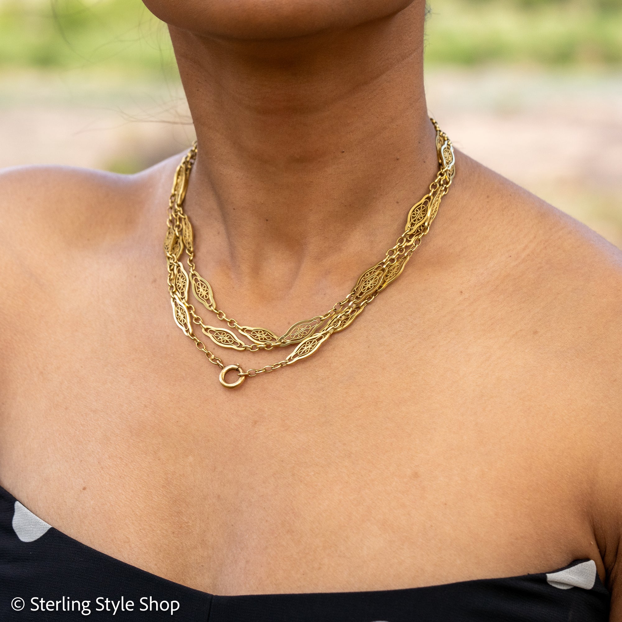 Antique French 18K Gold Long Filigree Chain Necklace 50 Inch