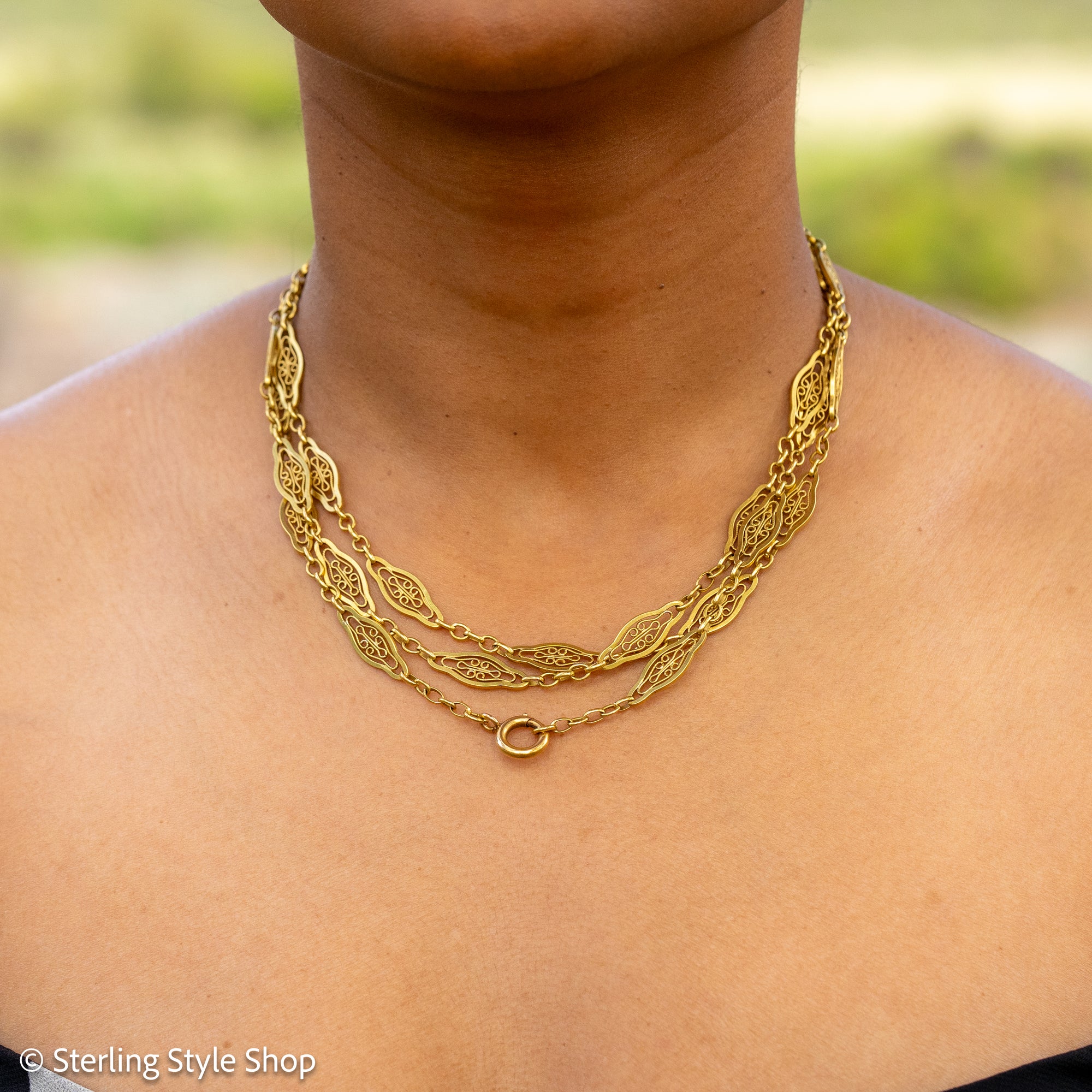 Antique French 18K Gold Long Filigree Chain Necklace 50 Inch