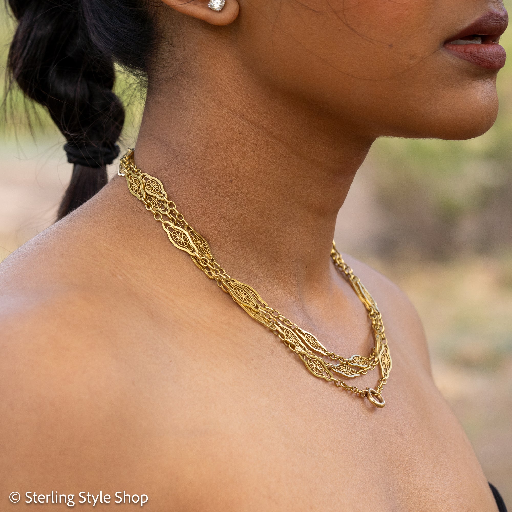 Antique French 18K Gold Long Filigree Chain Necklace 50 Inch