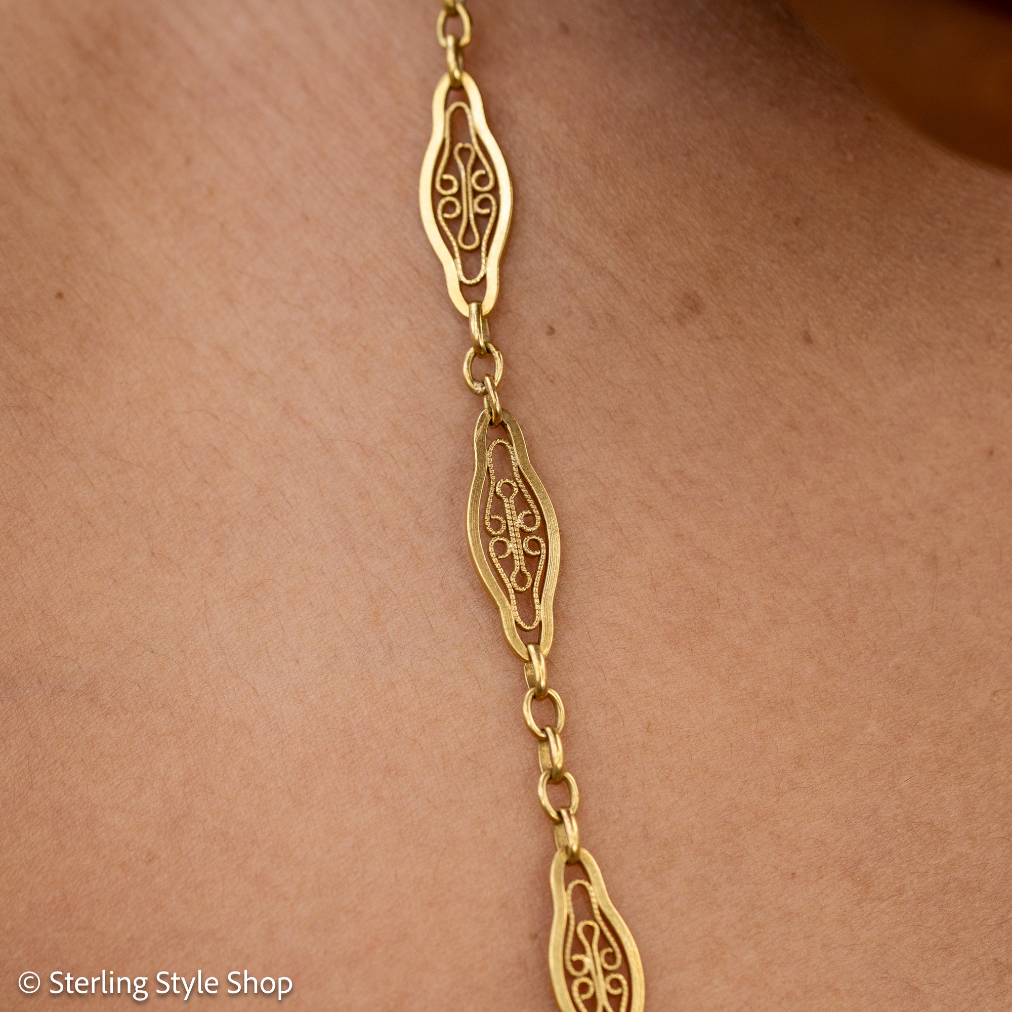 Antique French 18K Gold Long Filigree Chain Necklace 50 Inch