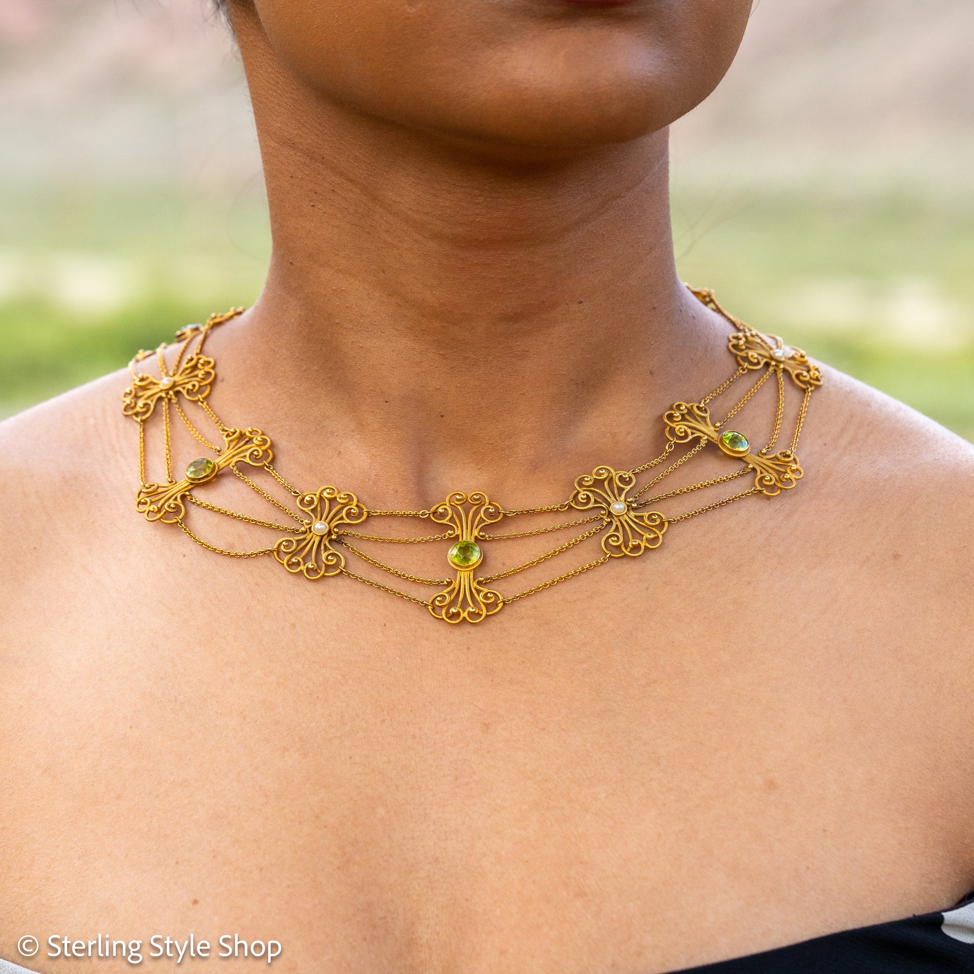 Vintage 14K Gold Festoon Collar Necklace with Peridot &amp; Pearls | XRF Tested | Fine Jewelry