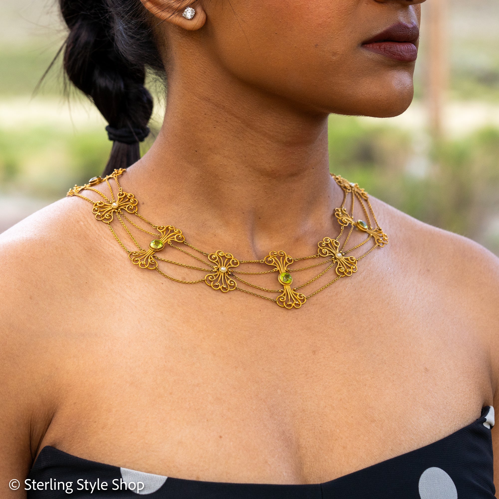 Vintage 14K Gold Festoon Collar Necklace with Peridot &amp; Pearls | XRF Tested | Fine Jewelry