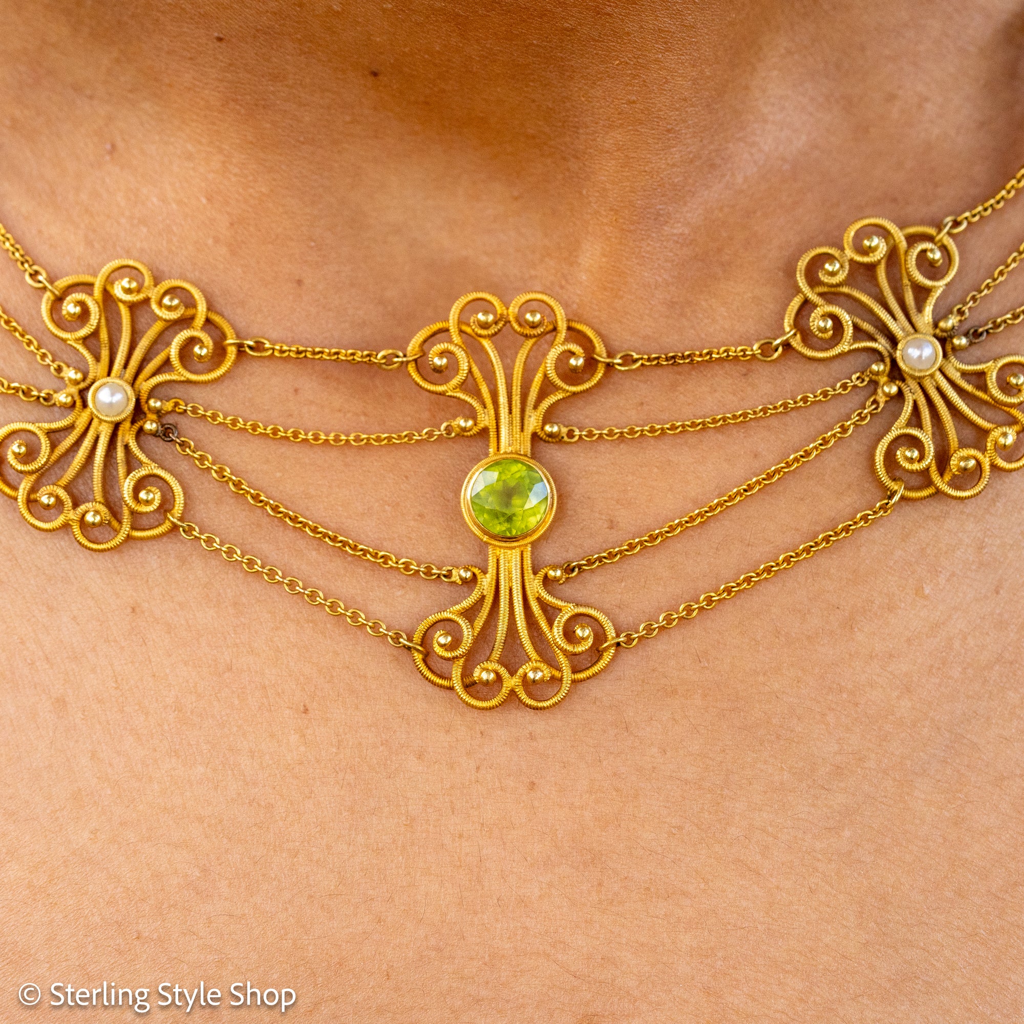 Vintage 14K Gold Festoon Collar Necklace with Peridot &amp; Pearls | XRF Tested | Fine Jewelry