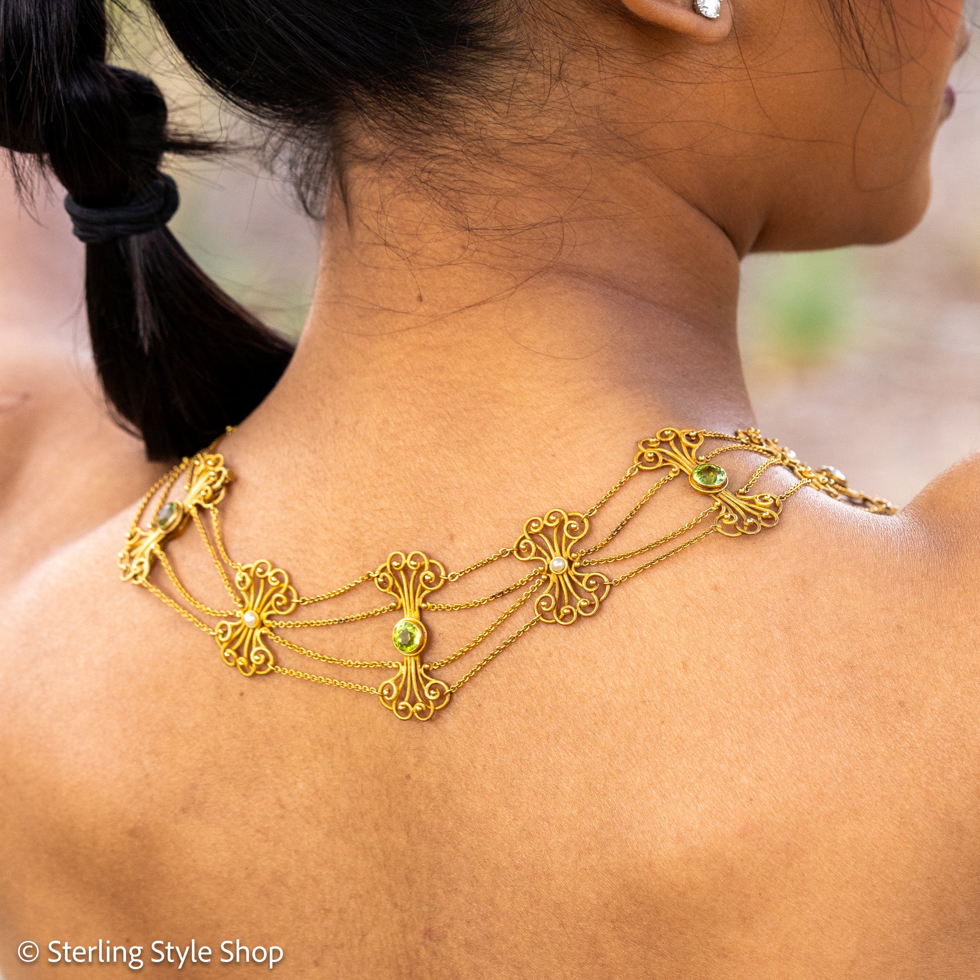Vintage 14K Gold Festoon Collar Necklace with Peridot &amp; Pearls | XRF Tested | Fine Jewelry