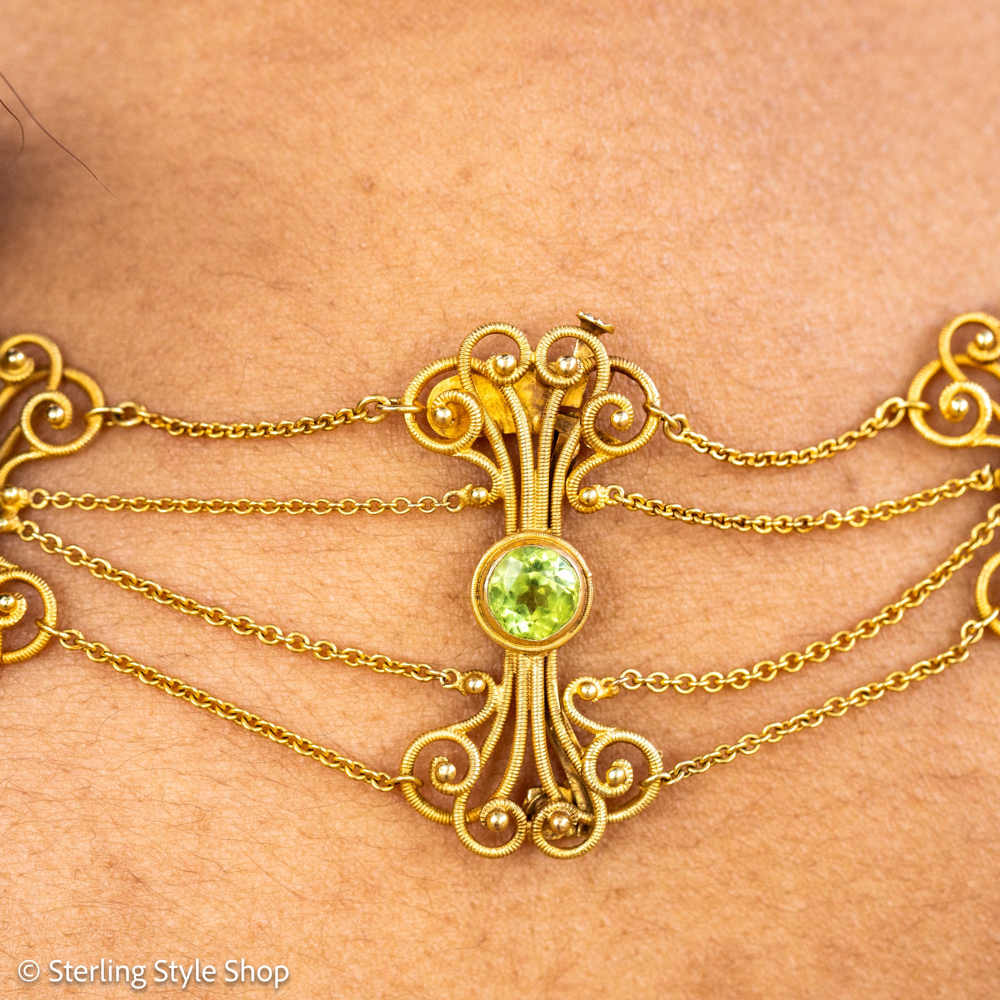Vintage 14K Gold Festoon Collar Necklace with Peridot &amp; Pearls | XRF Tested | Fine Jewelry