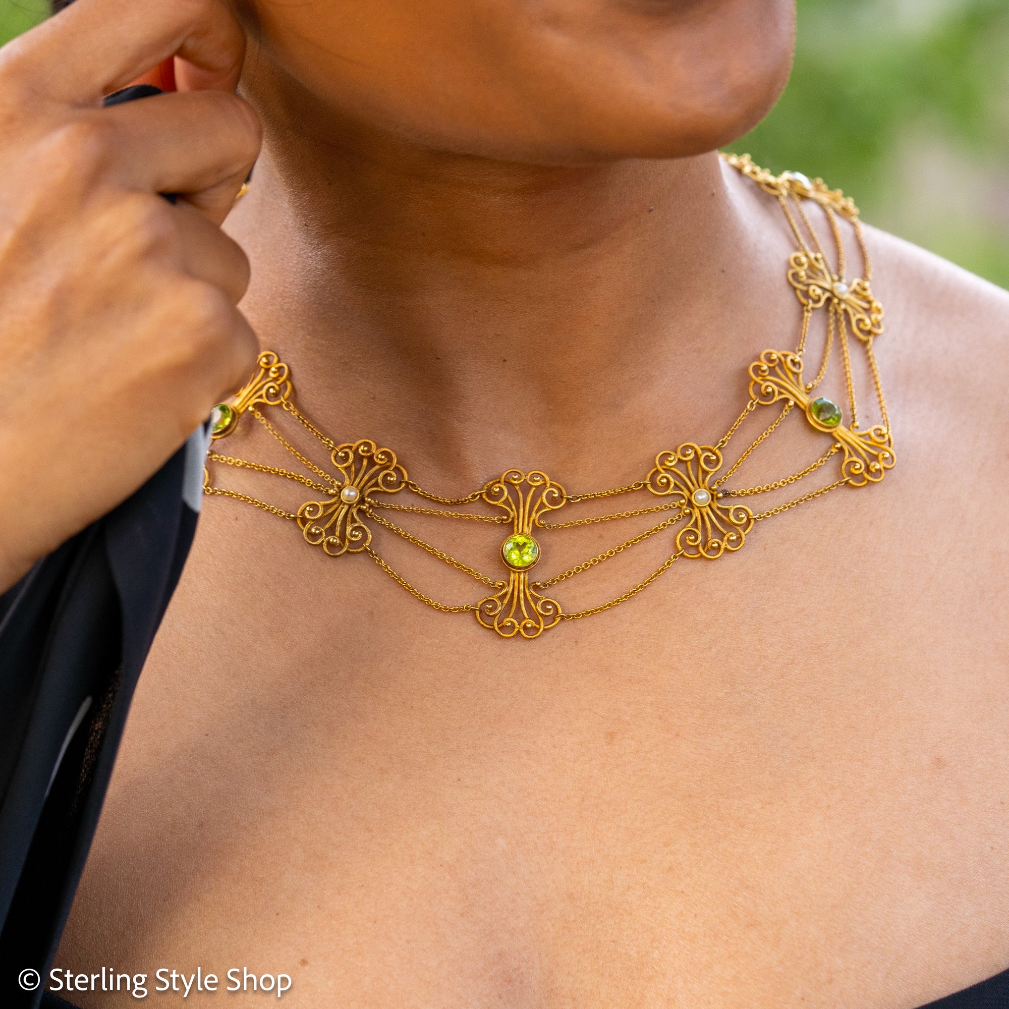 Vintage 14K Gold Festoon Collar Necklace with Peridot &amp; Pearls | XRF Tested | Fine Jewelry