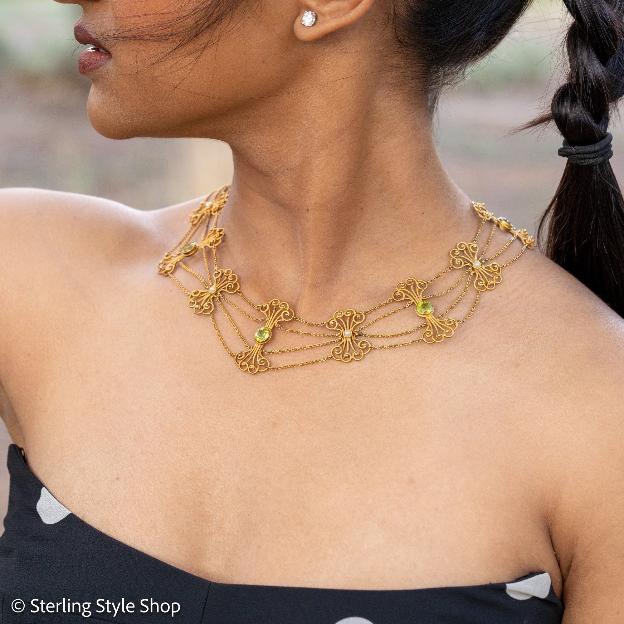Vintage 14K Gold Festoon Collar Necklace with Peridot &amp; Pearls | XRF Tested | Fine Jewelry