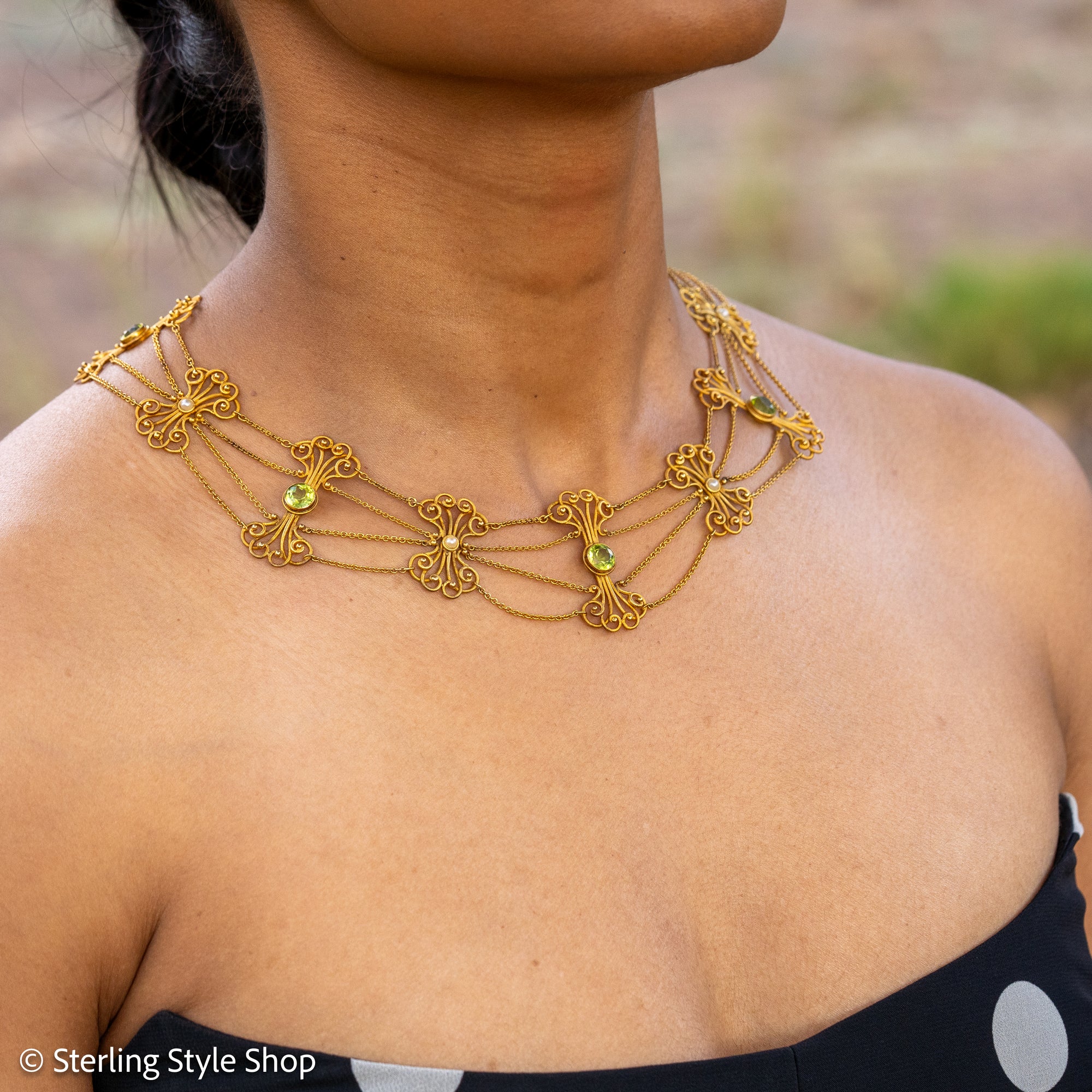 Vintage 14K Gold Festoon Collar Necklace with Peridot &amp; Pearls | XRF Tested | Fine Jewelry