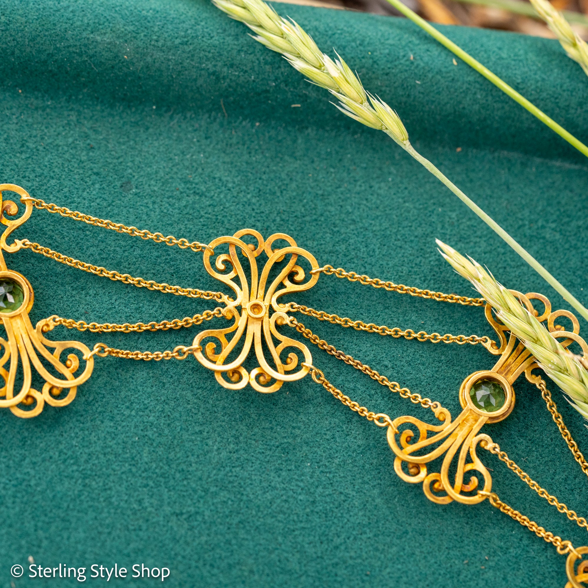 Vintage 14K Gold Festoon Collar Necklace with Peridot &amp; Pearls | XRF Tested | Fine Jewelry