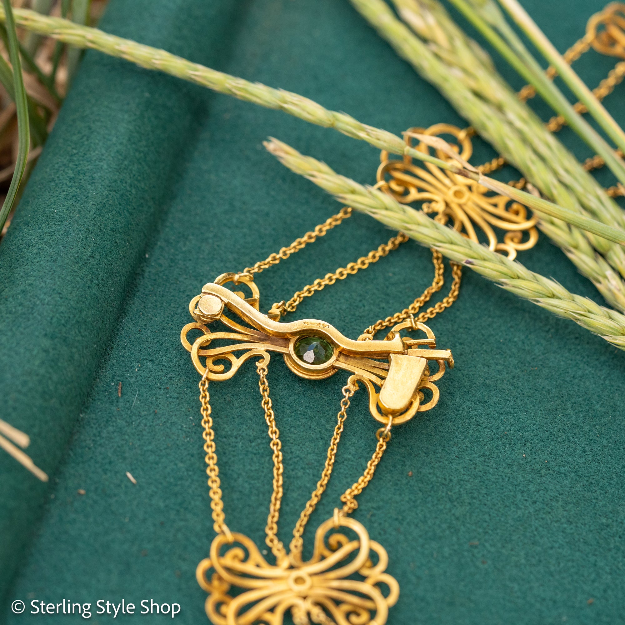 Vintage 14K Gold Festoon Collar Necklace with Peridot &amp; Pearls | XRF Tested | Fine Jewelry