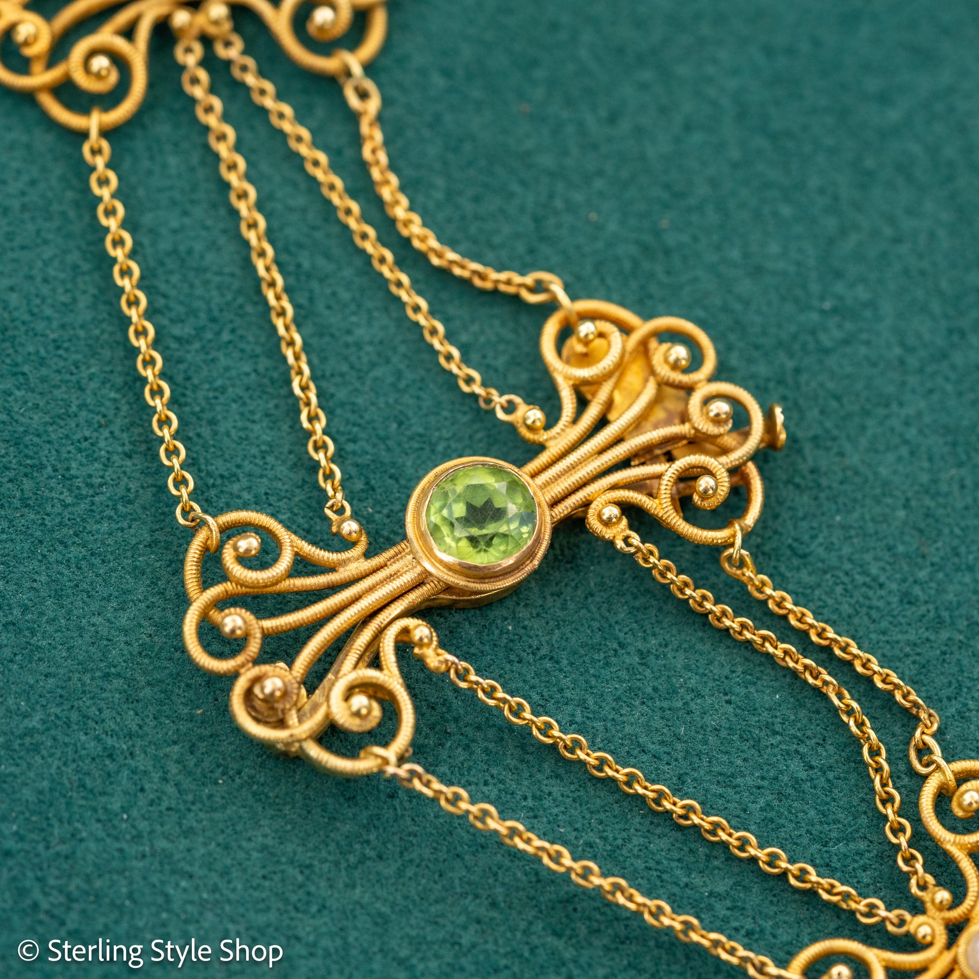 Vintage 14K Gold Festoon Collar Necklace with Peridot &amp; Pearls | XRF Tested | Fine Jewelry