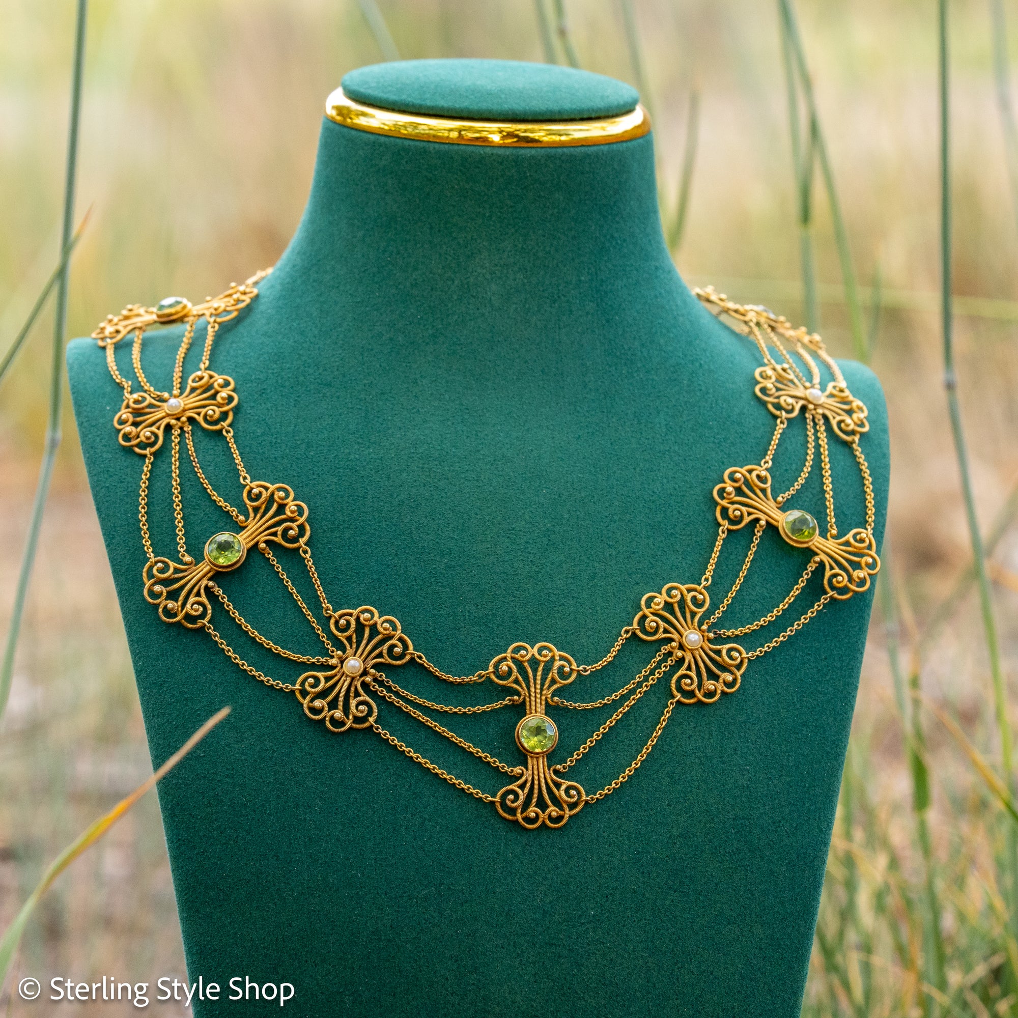 Vintage 14K Gold Festoon Collar Necklace with Peridot &amp; Pearls | XRF Tested | Fine Jewelry