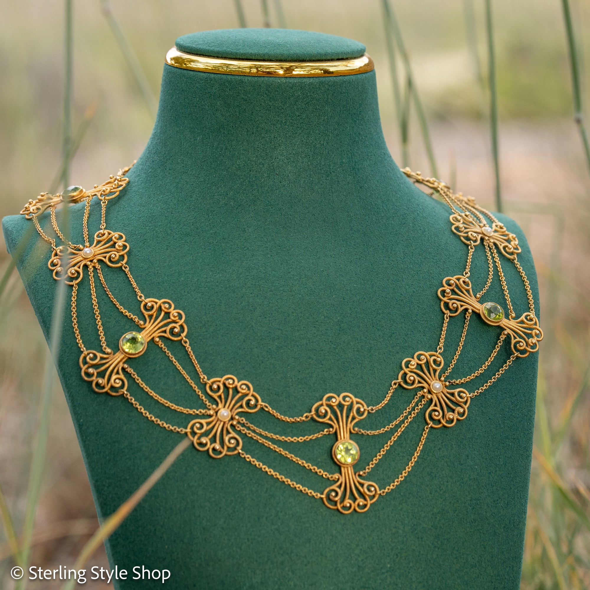Vintage 14K Gold Festoon Collar Necklace with Peridot &amp; Pearls | XRF Tested | Fine Jewelry