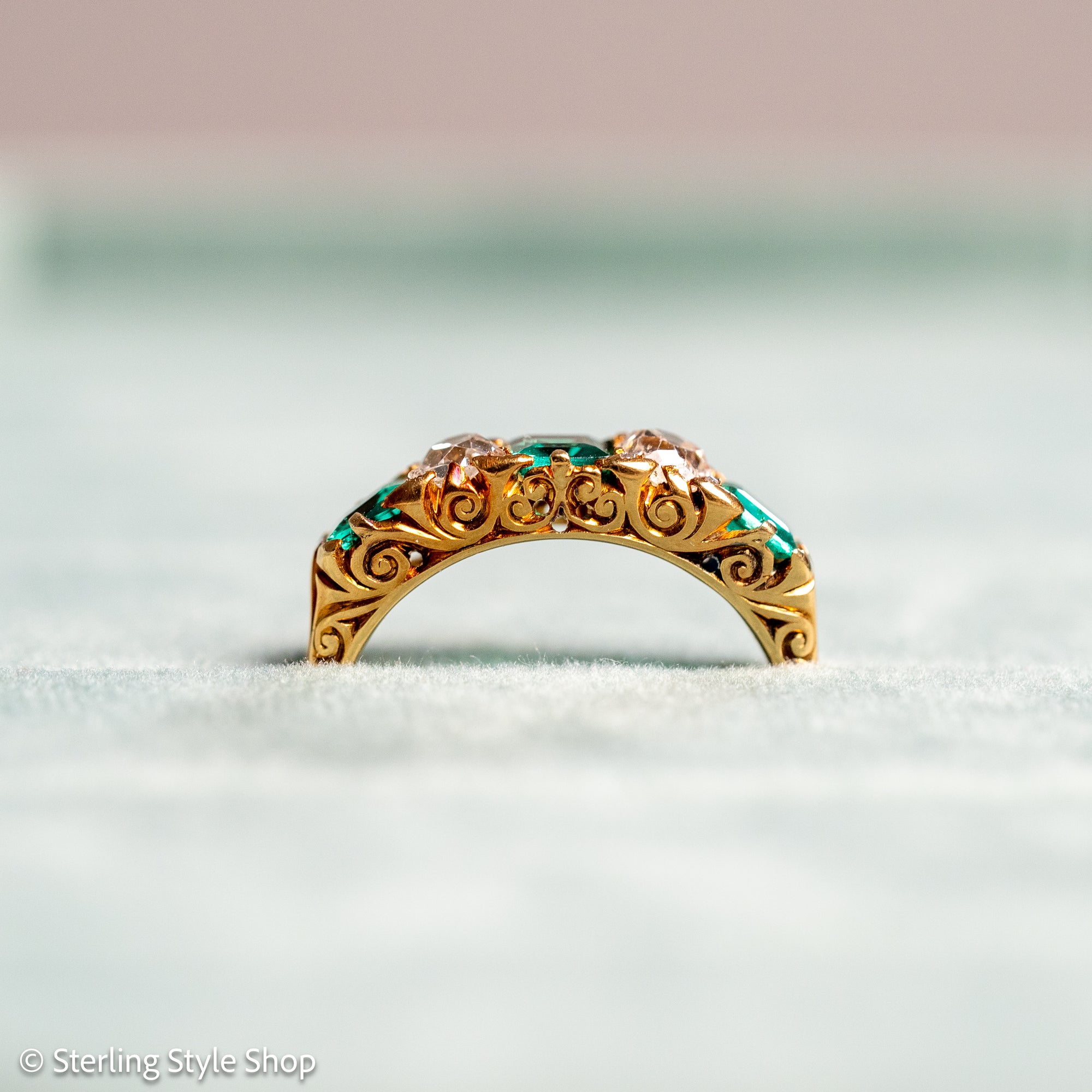 Antique Victorian Emerald Diamond Five Stone Ring, 18k Gold, GIA Colombian No Oil