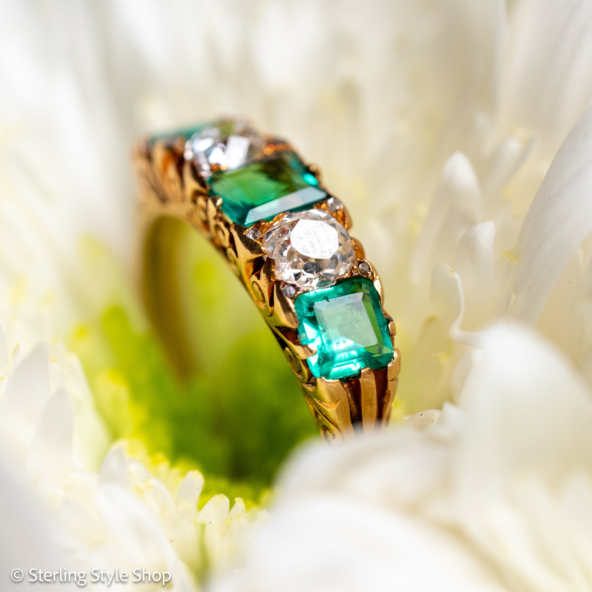 Antique Victorian Emerald Diamond Five Stone Ring, 18k Gold, GIA Colombian No Oil