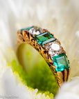 Antique Victorian Emerald Diamond Five Stone Ring, 18k Gold, GIA Colombian No Oil