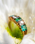 Antique Victorian Emerald Diamond Five Stone Ring, 18k Gold, GIA Colombian No Oil