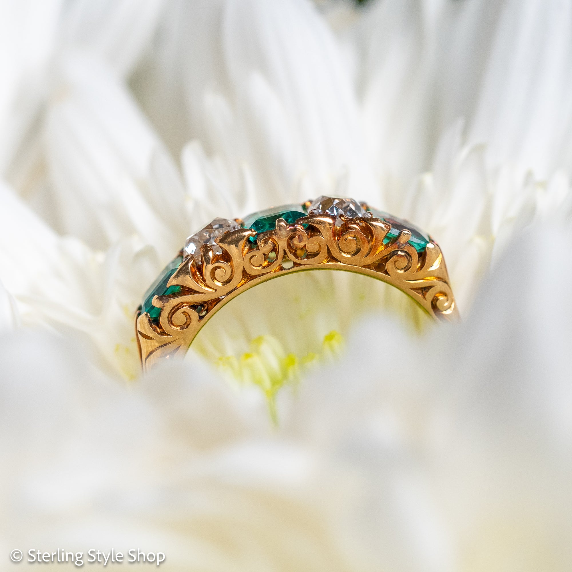 Antique Victorian Emerald Diamond Five Stone Ring, 18k Gold, GIA Colombian No Oil
