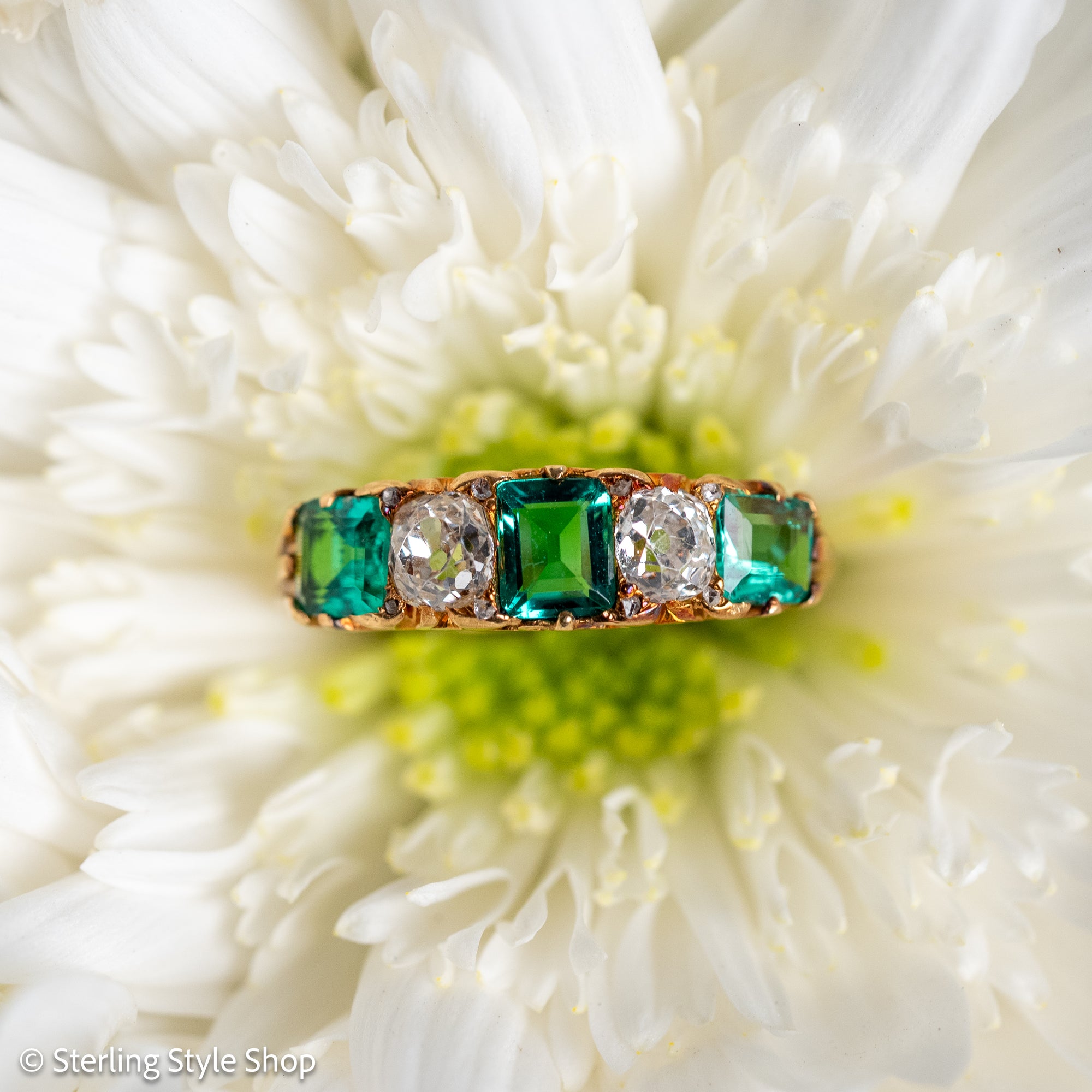 Antique Victorian Emerald Diamond Five Stone Ring, 18k Gold, GIA Colombian No Oil