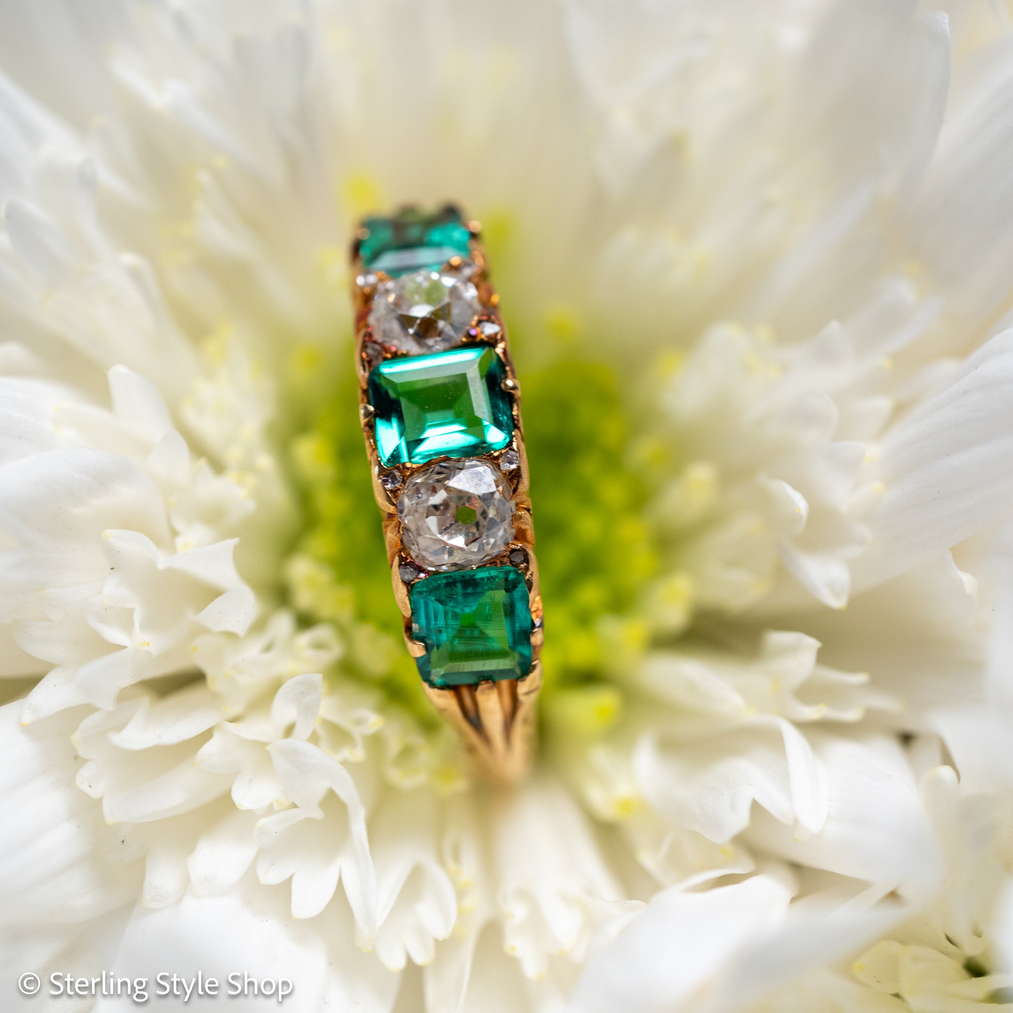 Antique Victorian Emerald Diamond Five Stone Ring, 18k Gold, GIA Colombian No Oil
