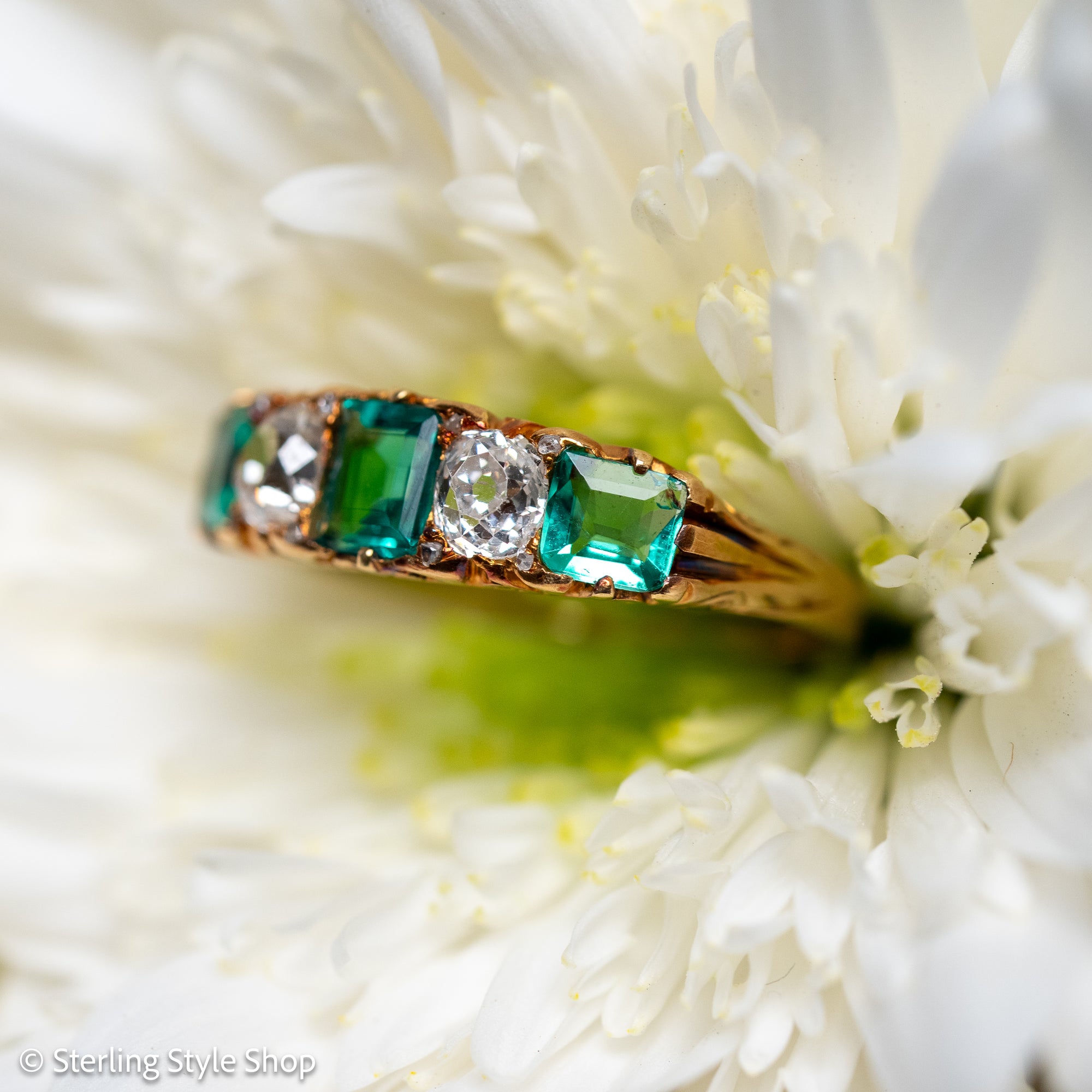 Antique Victorian Emerald Diamond Five Stone Ring, 18k Gold, GIA Colombian No Oil