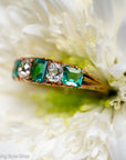 Antique Victorian Emerald Diamond Five Stone Ring, 18k Gold, GIA Colombian No Oil