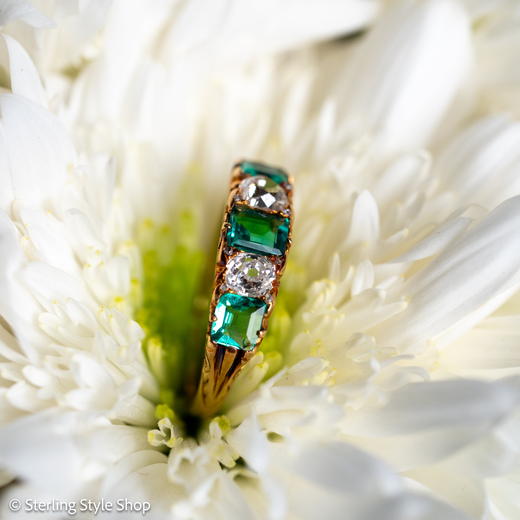 Antique Victorian Emerald Diamond Five Stone Ring, 18k Gold, GIA Colombian No Oil