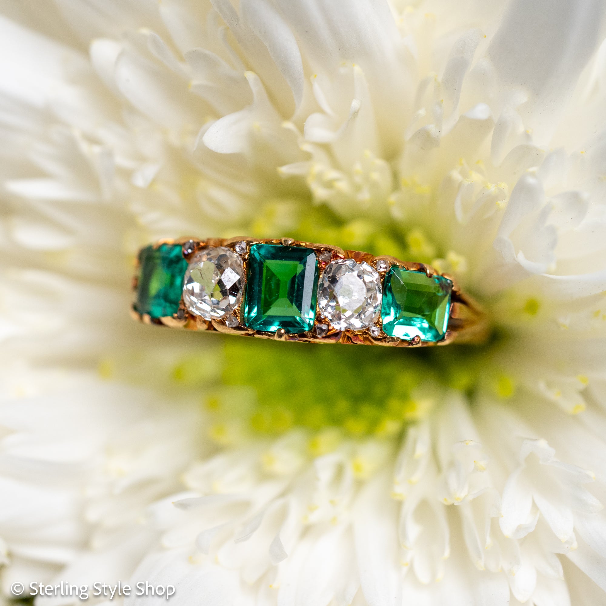 Antique Victorian Emerald Diamond Five Stone Ring, 18k Gold, GIA Colombian No Oil