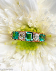 Antique Victorian Emerald Diamond Five Stone Ring, 18k Gold, GIA Colombian No Oil