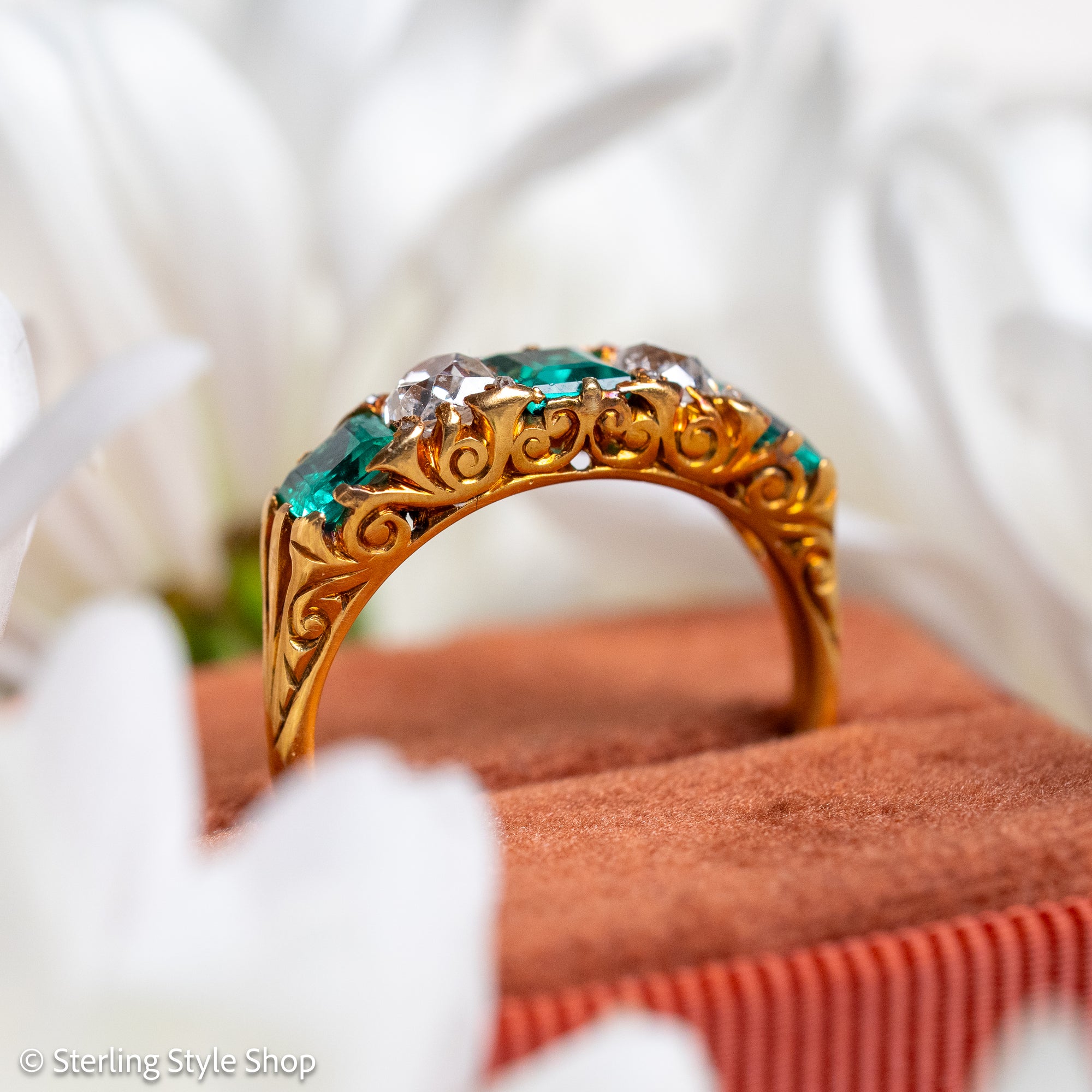 Antique Victorian Emerald Diamond Five Stone Ring, 18k Gold, GIA Colombian No Oil