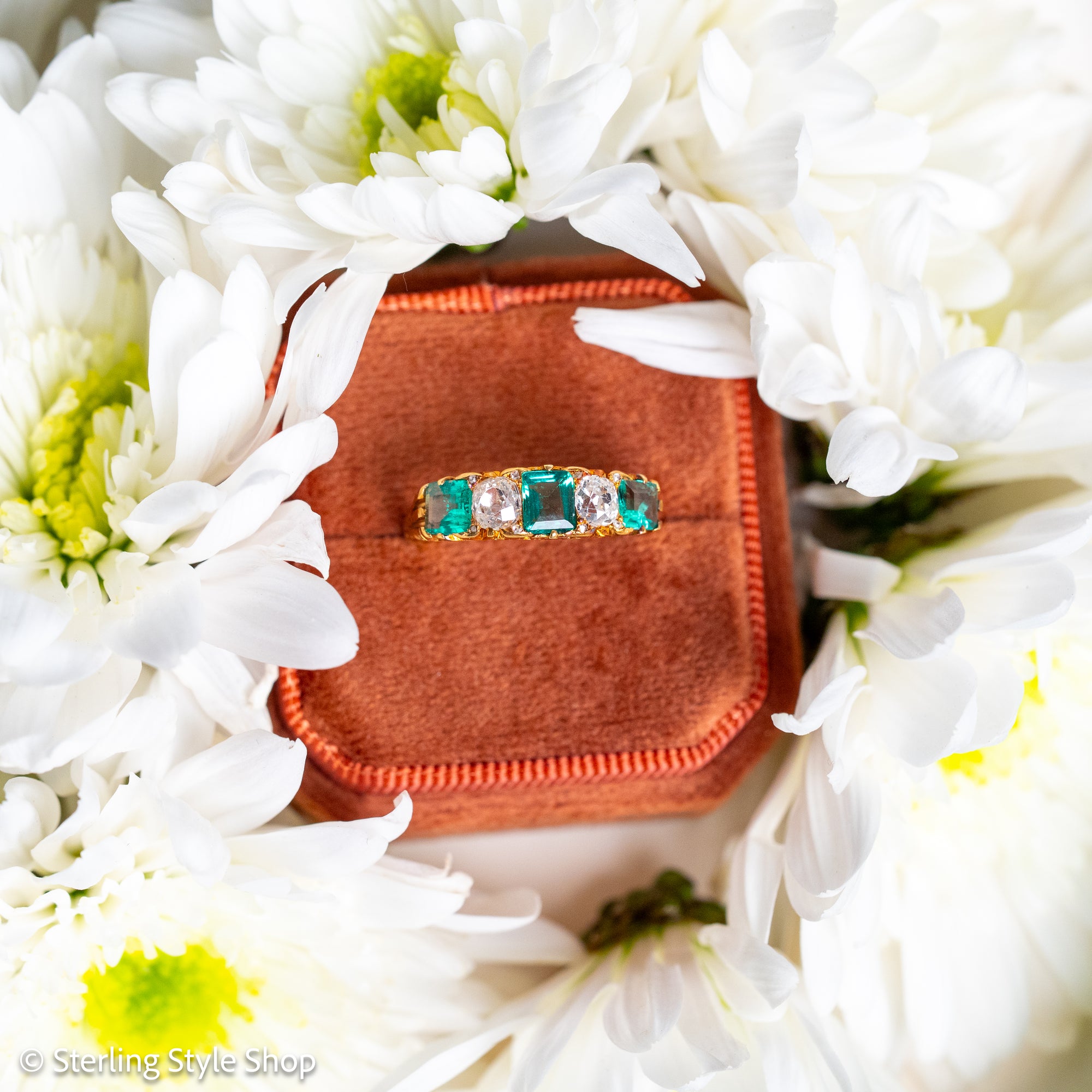 Antique Victorian Emerald Diamond Five Stone Ring, 18k Gold, GIA Colombian No Oil